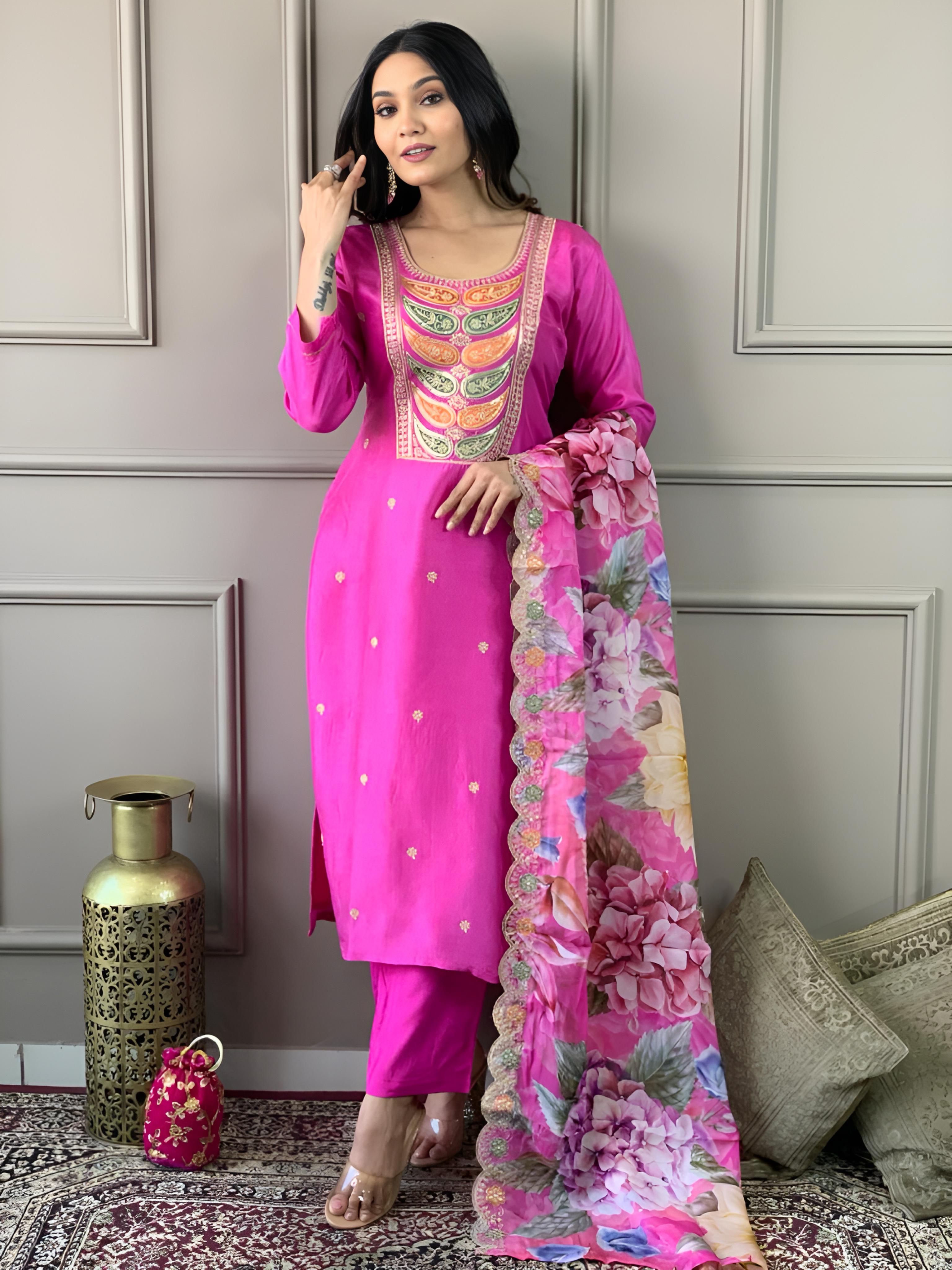 Pink Women Embrodairy Stright Kurta Set