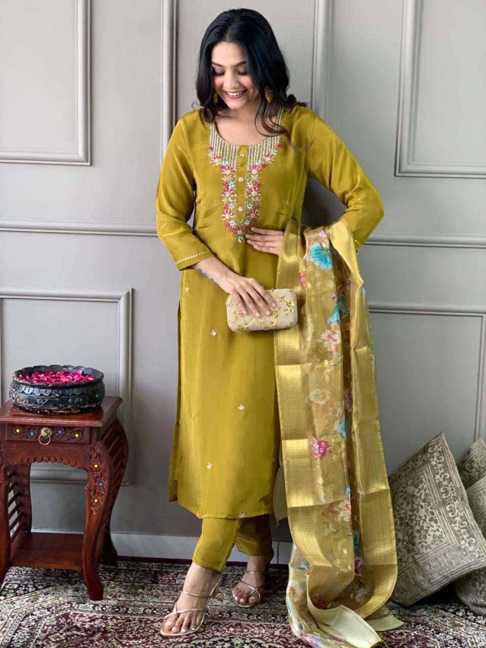 Mustard Women Embroidered Chanderi Silk Kurta Set