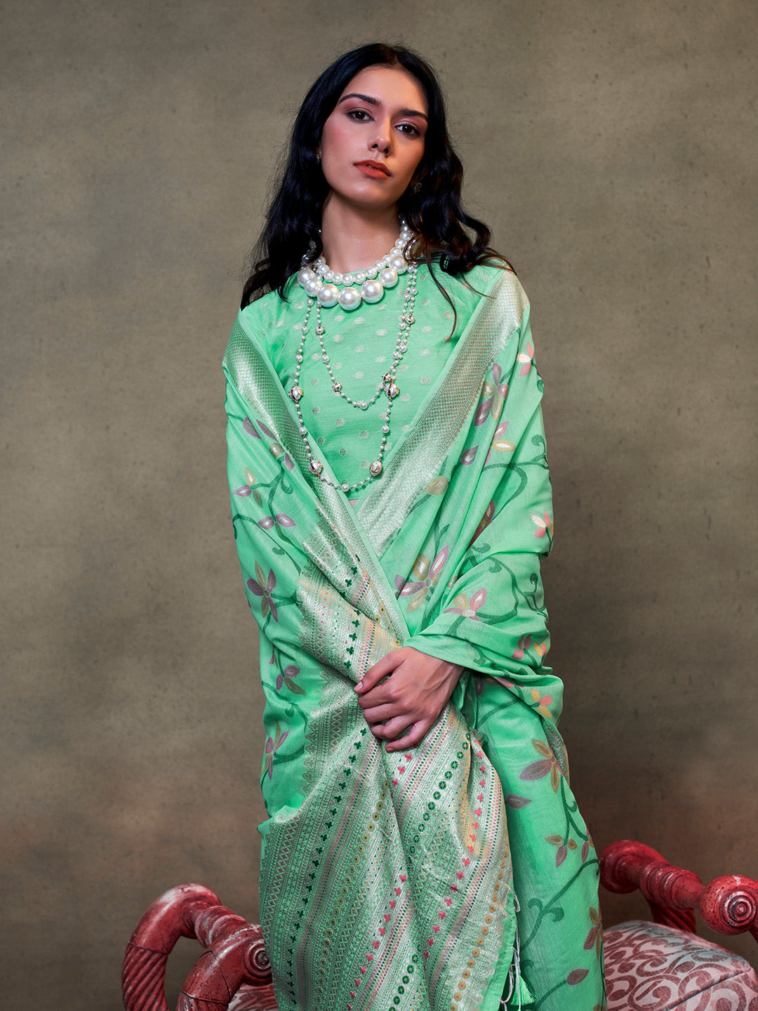 Mint Green Jamdani Cotton Saree