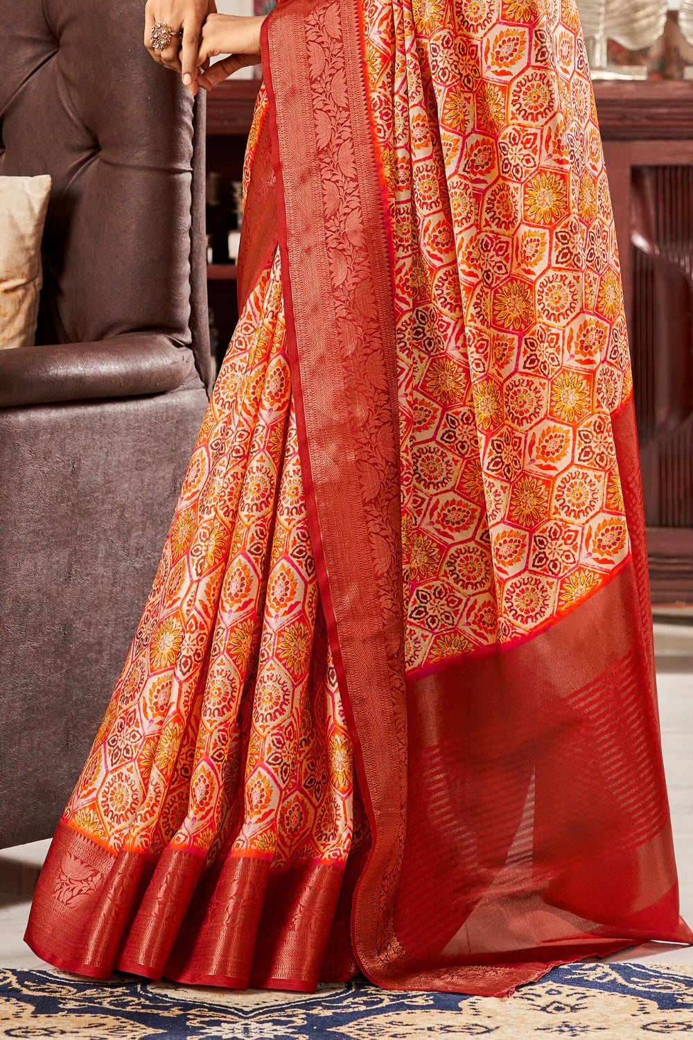 Orange Pure Satin Digital Saree