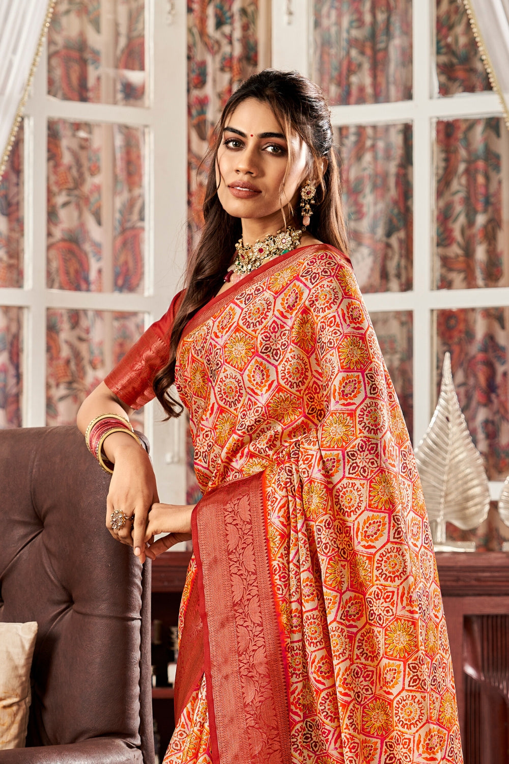 Orange Pure Satin Digital Saree