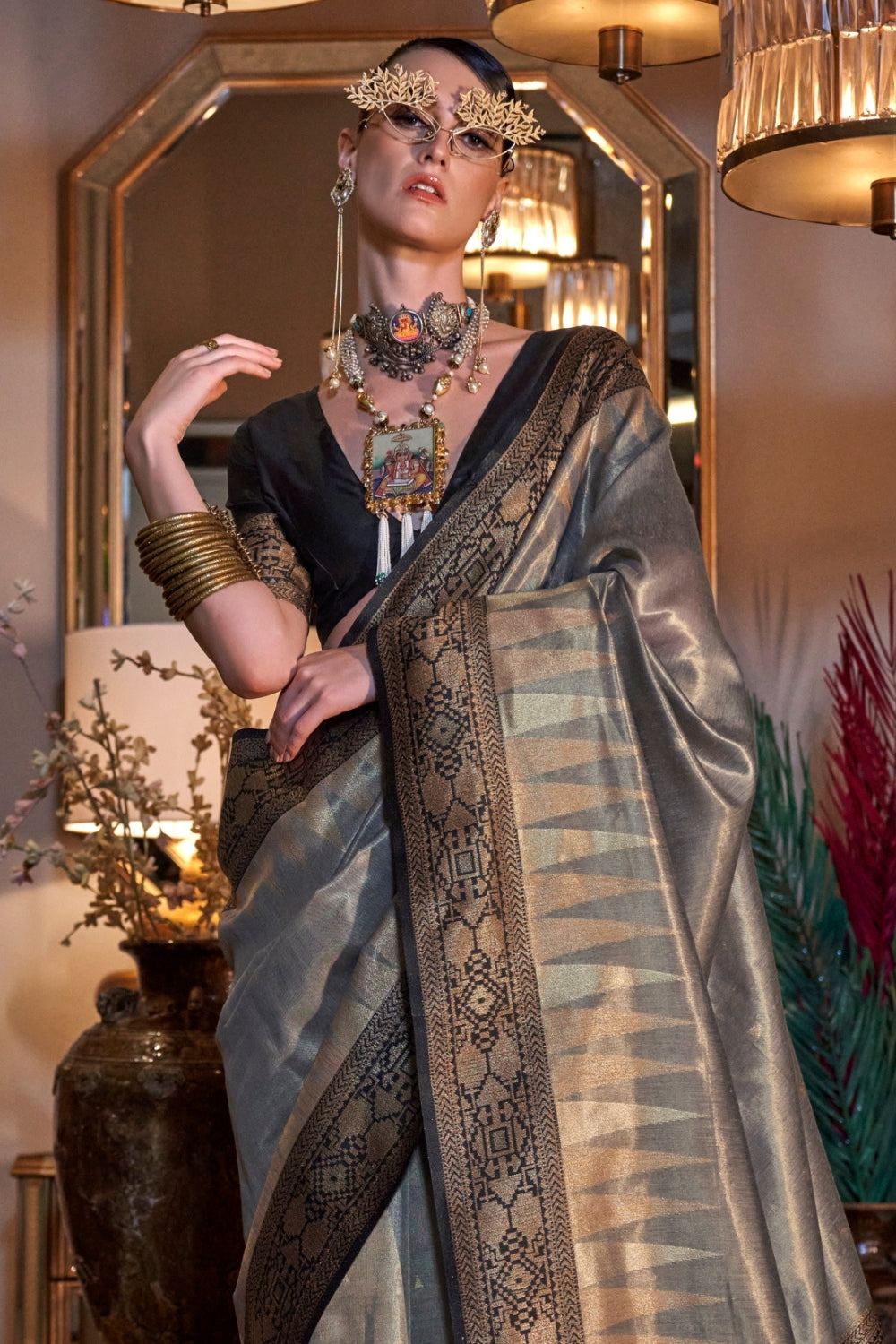 Grey Zari Tissue Saree