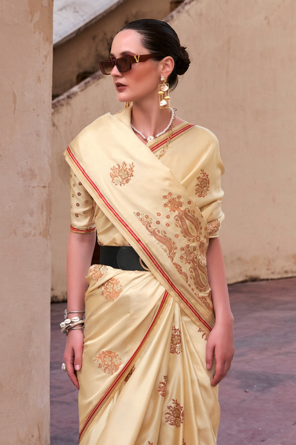 Cream Satin Saree