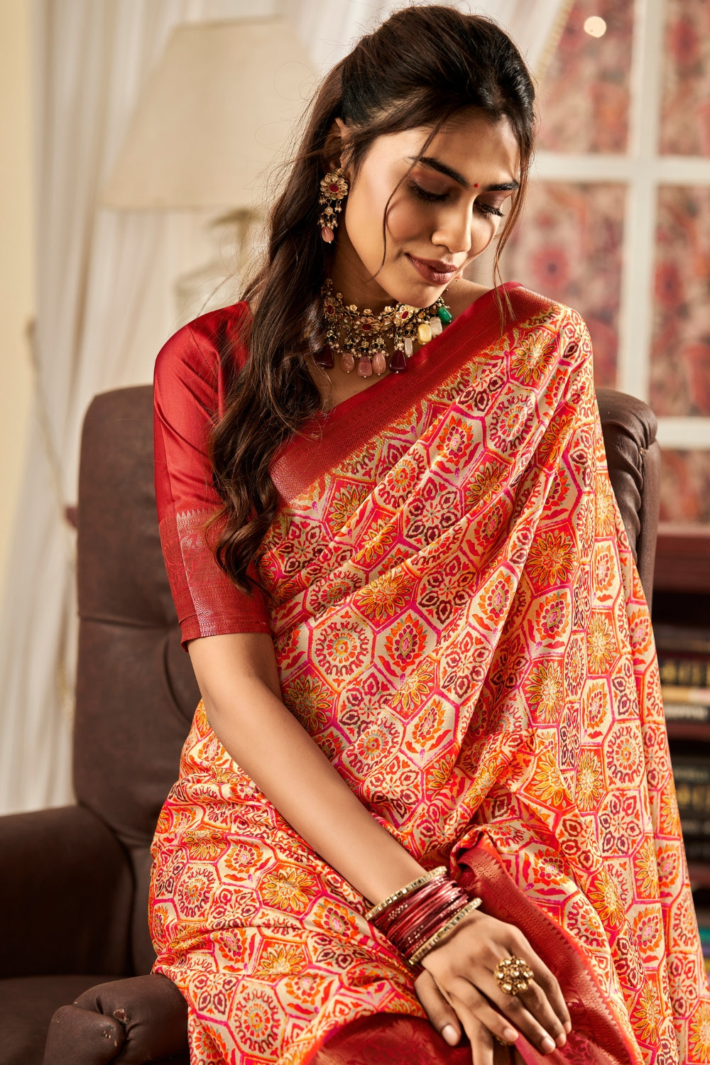 Orange Pure Satin Digital Saree