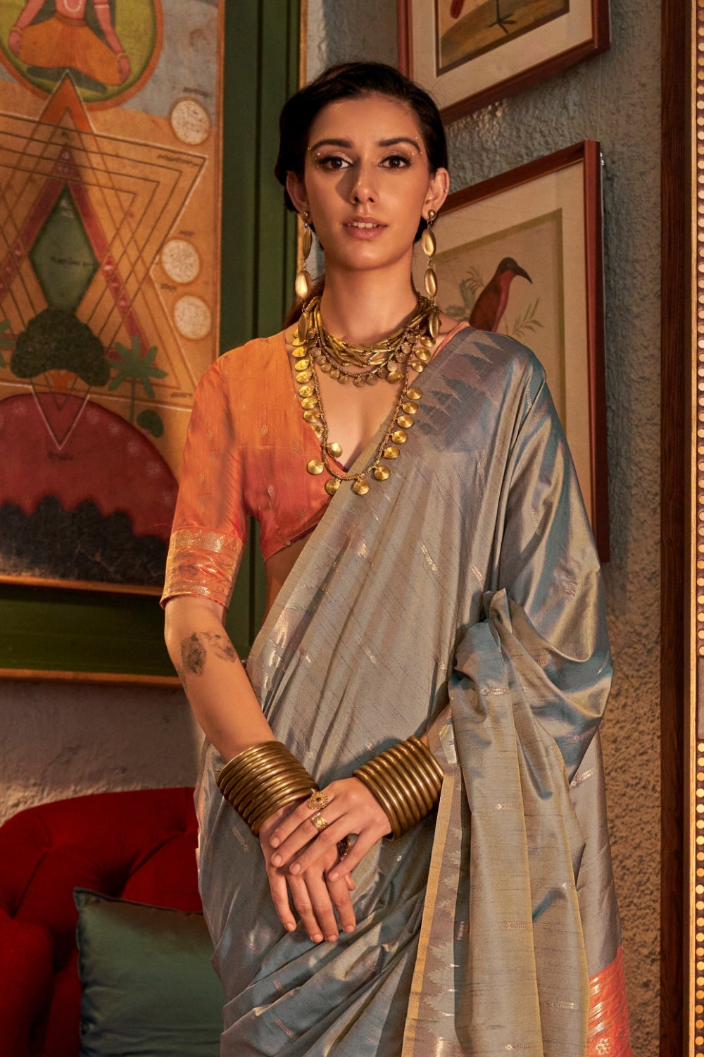 Grey Tussar Silk Saree