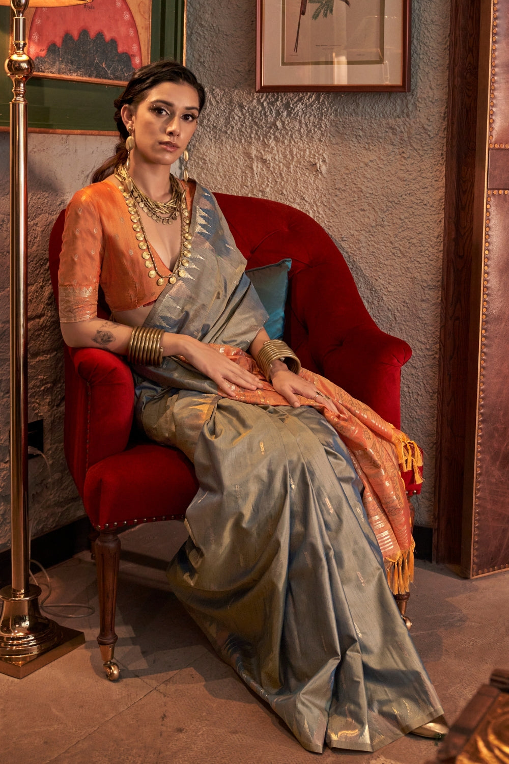 Grey Tussar Silk Saree