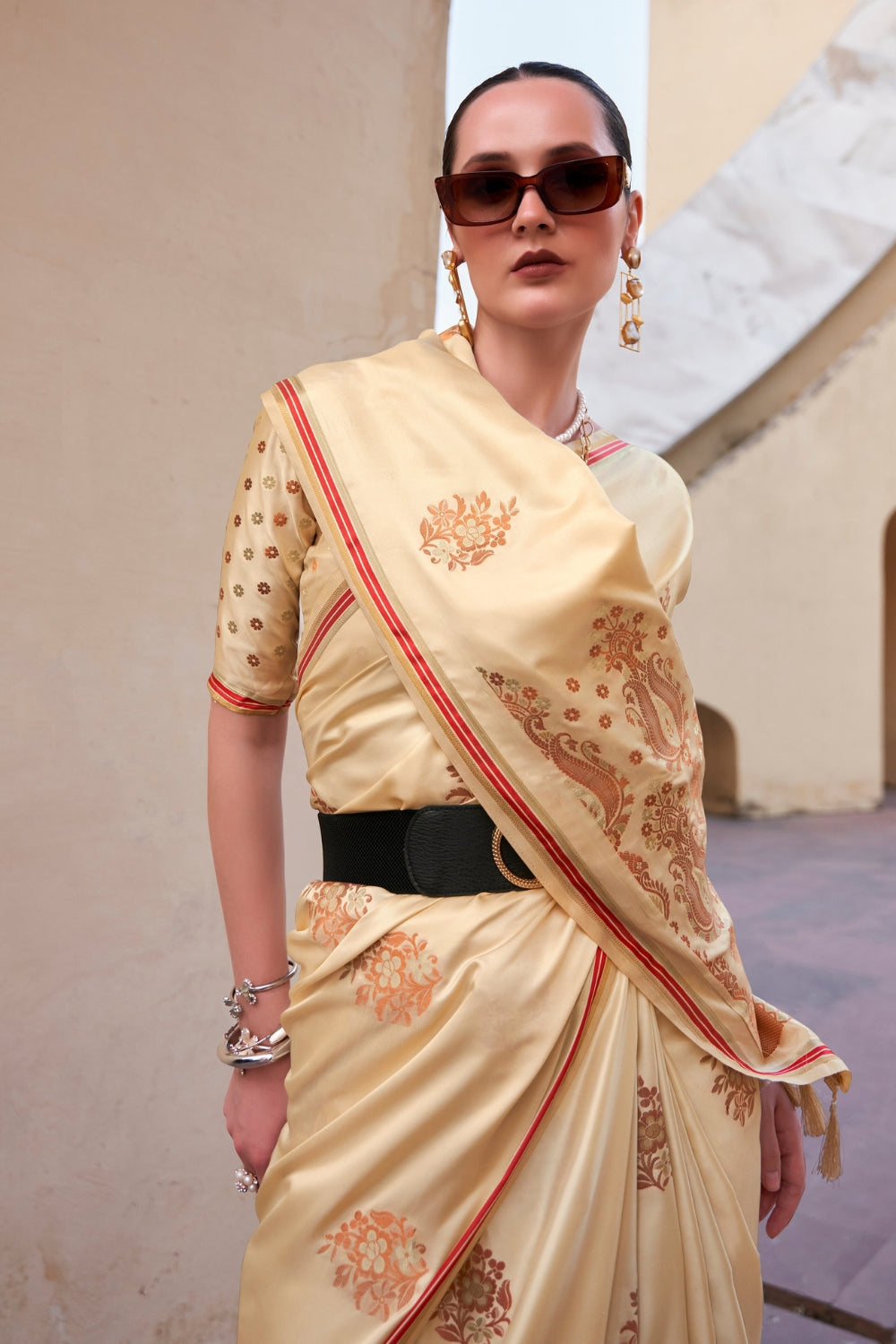 Cream Satin Saree