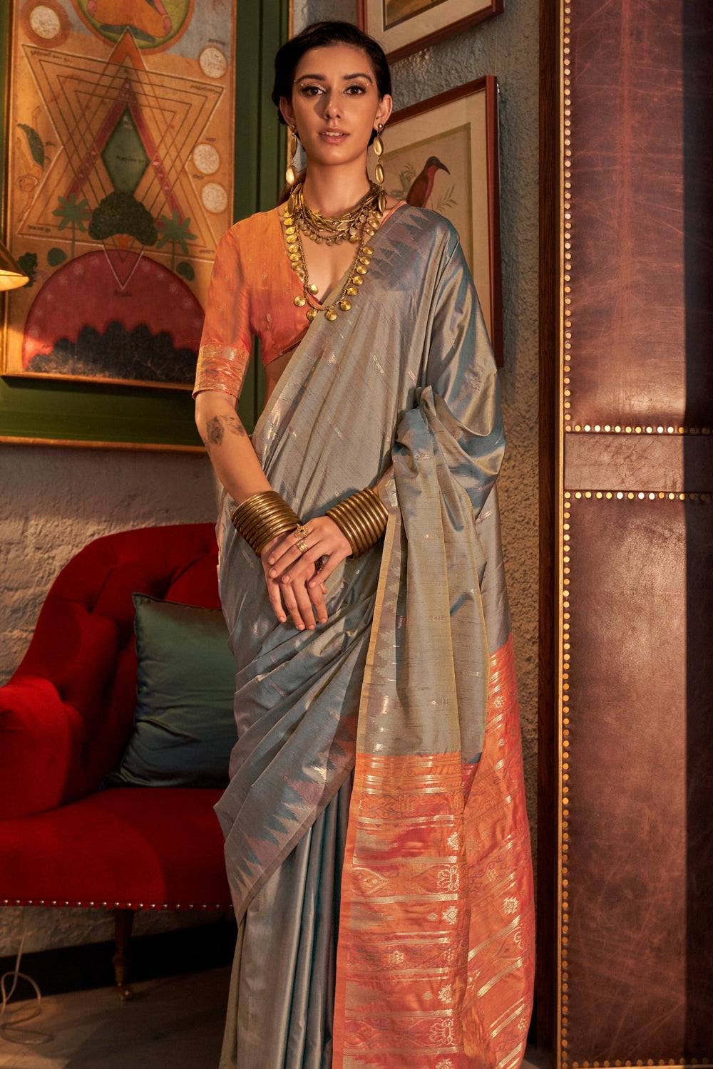 Grey Tussar Silk Saree