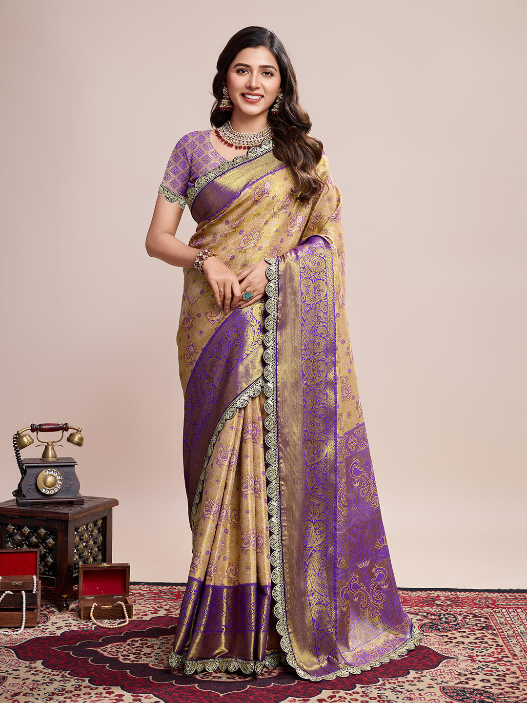 LIGHT YELLOW WITH WINE SEMI SILK SAREE