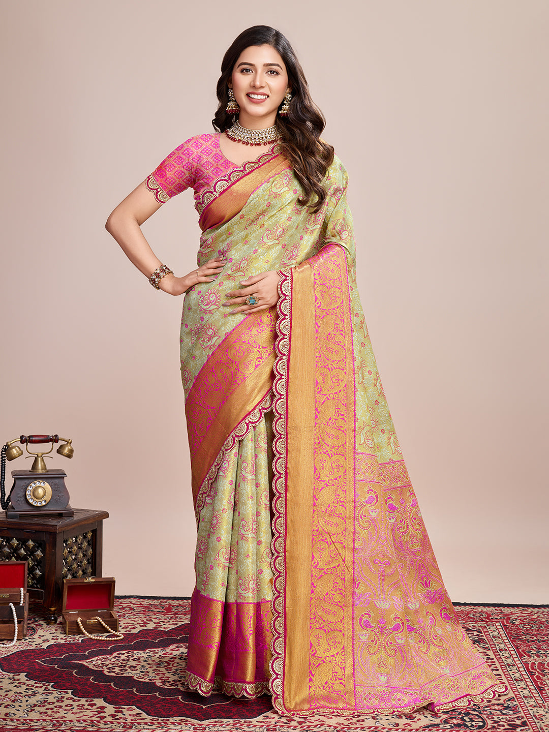 GREEN WITH ORANGE SEMI SILK SAREE