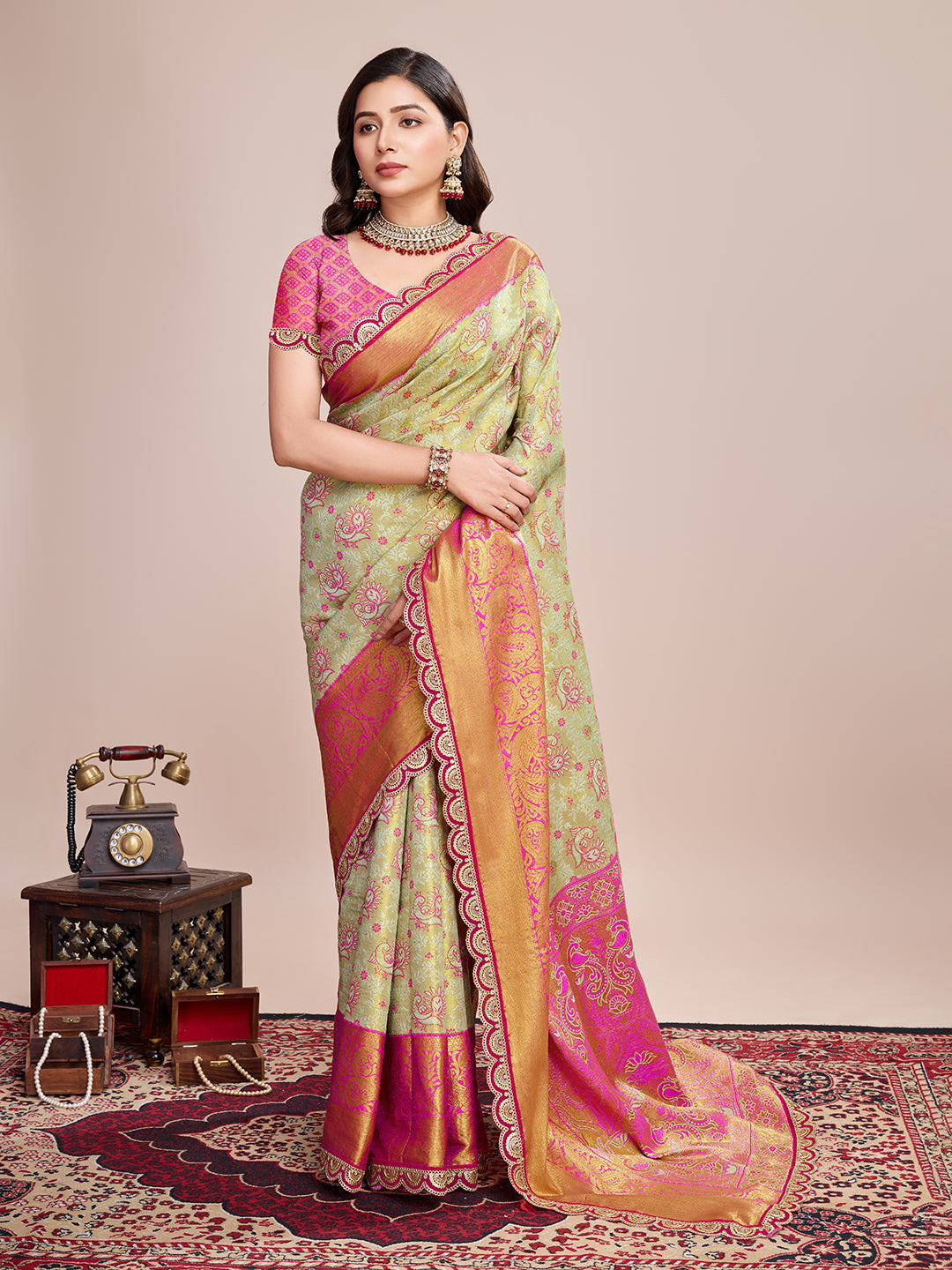 GREEN WITH ORANGE SEMI SILK SAREE