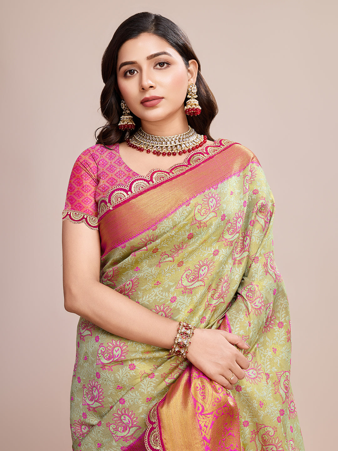 GREEN WITH ORANGE SEMI SILK SAREE