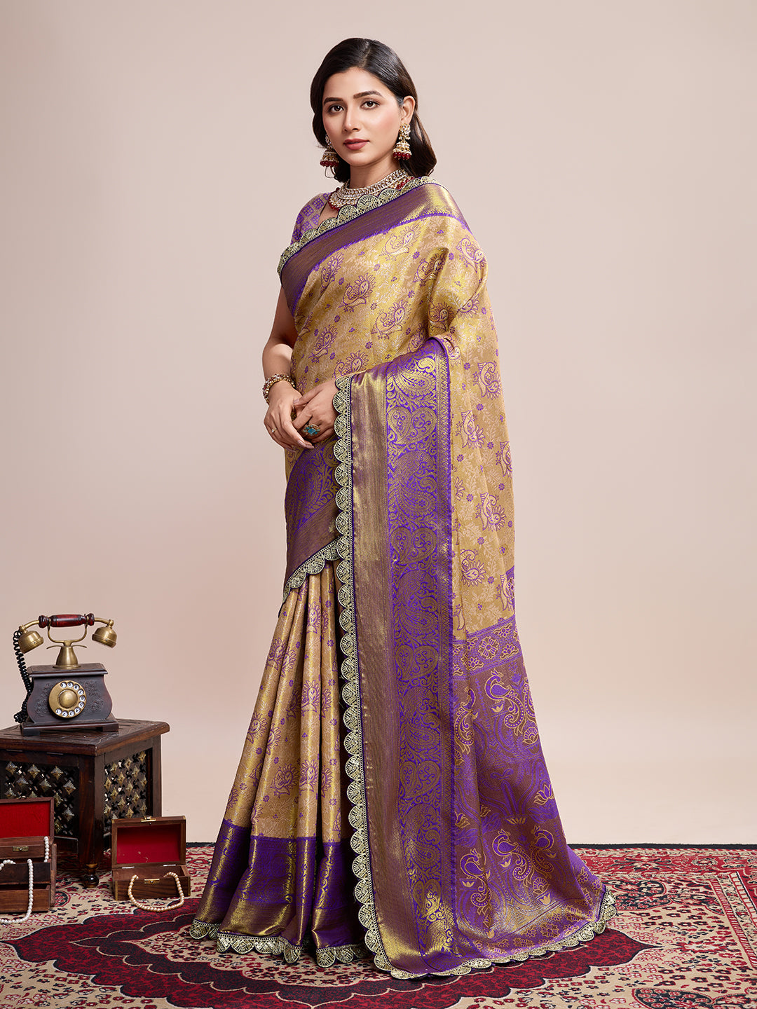 LIGHT YELLOW WITH WINE SEMI SILK SAREE