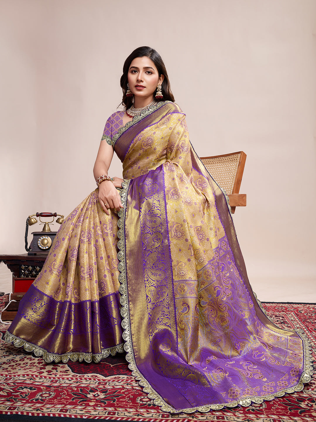 LIGHT YELLOW WITH WINE SEMI SILK SAREE