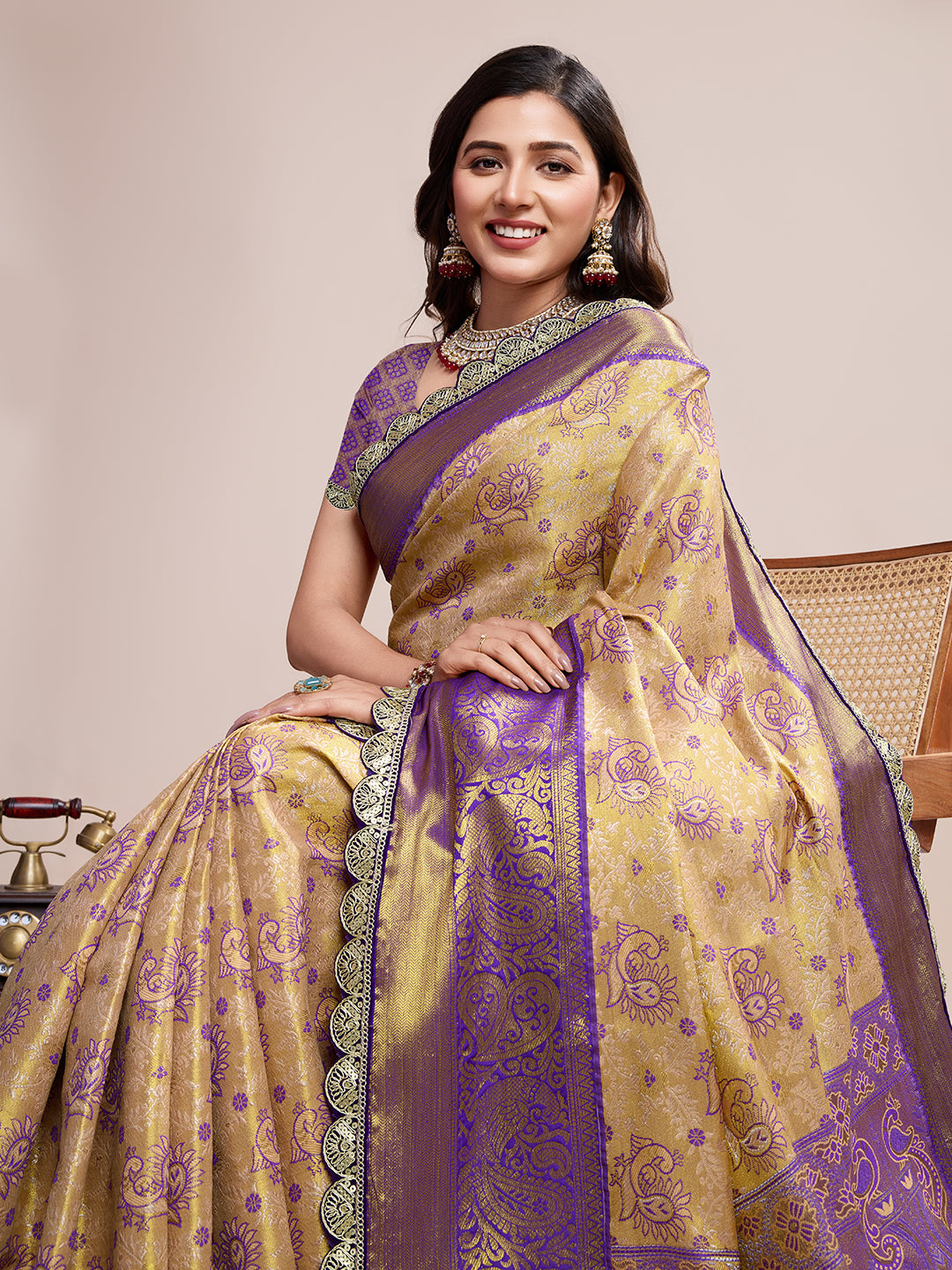 LIGHT YELLOW WITH WINE SEMI SILK SAREE