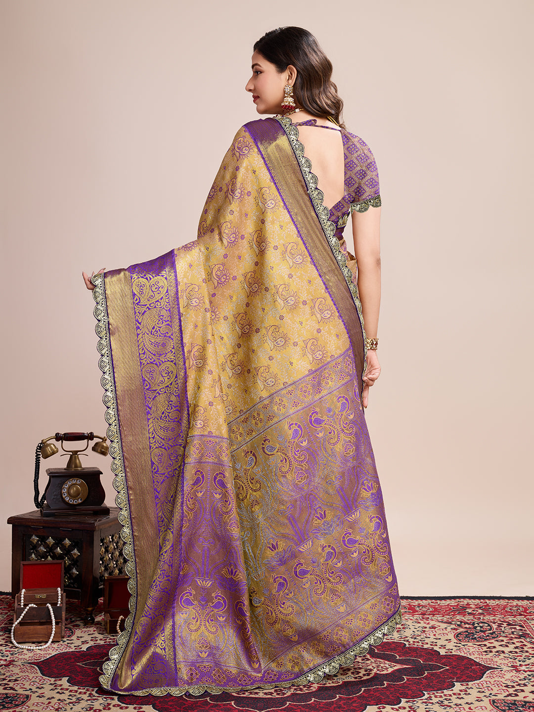 LIGHT YELLOW WITH WINE SEMI SILK SAREE