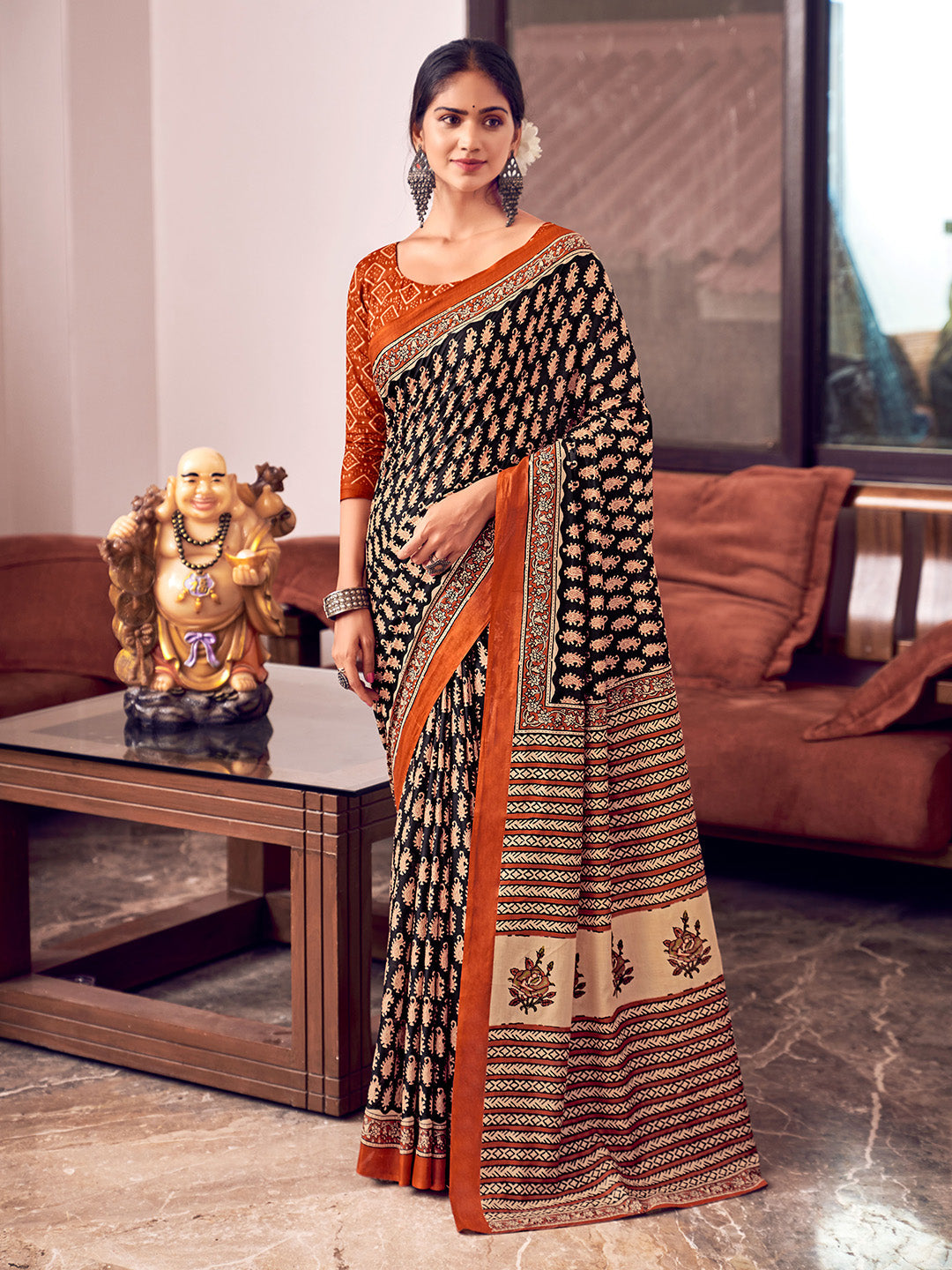 Orange And Blue Mulmul Cottons Saree