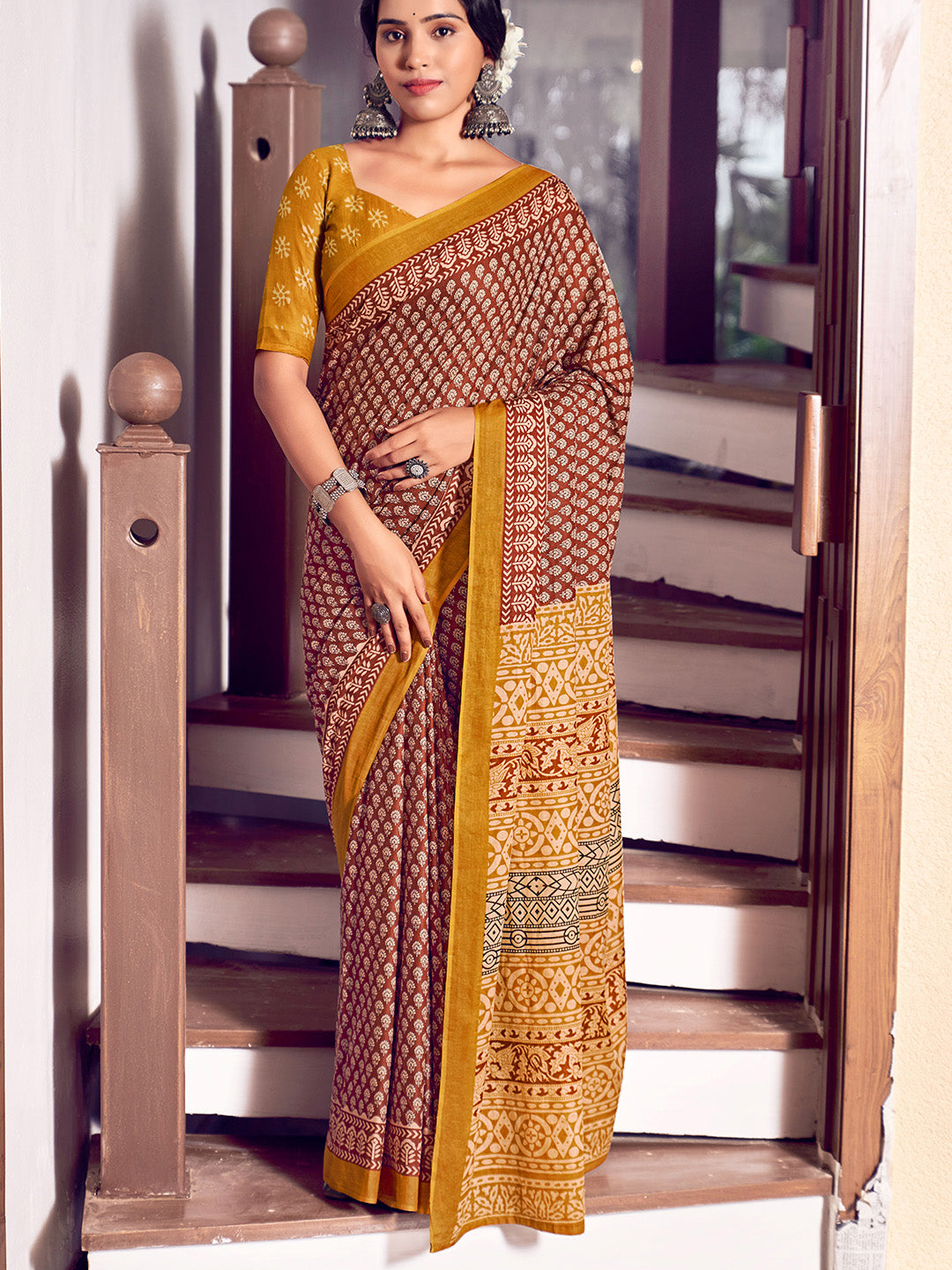 Red And Yellow Mulmul Cottons Saree