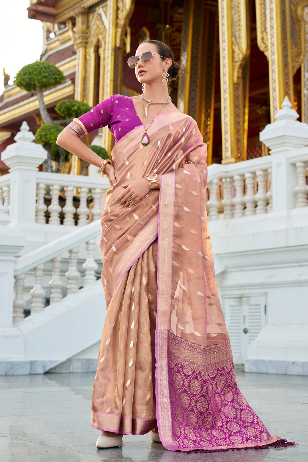 Pink Tissue Silk Zari Saree