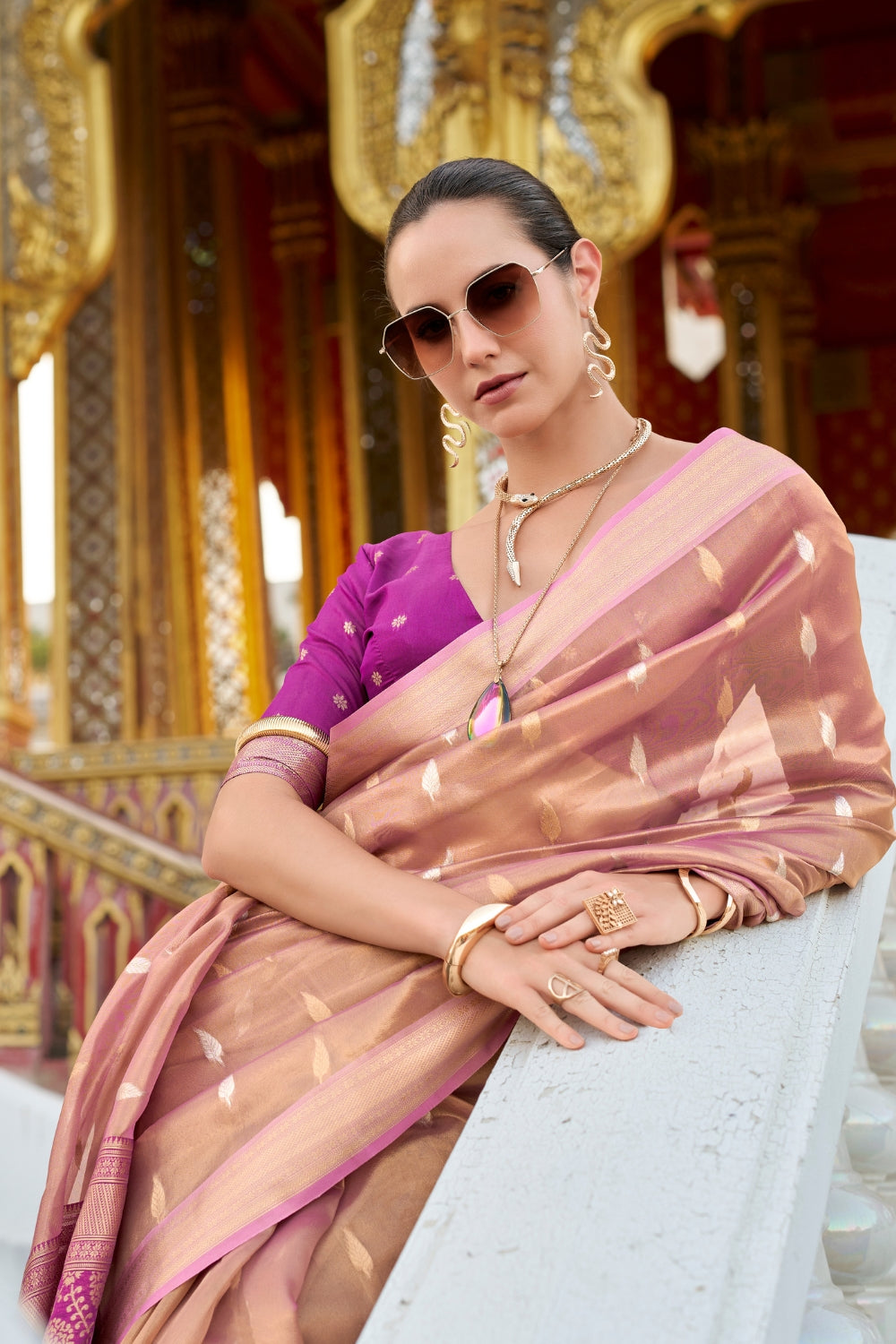 Pink Tissue Silk Zari Saree