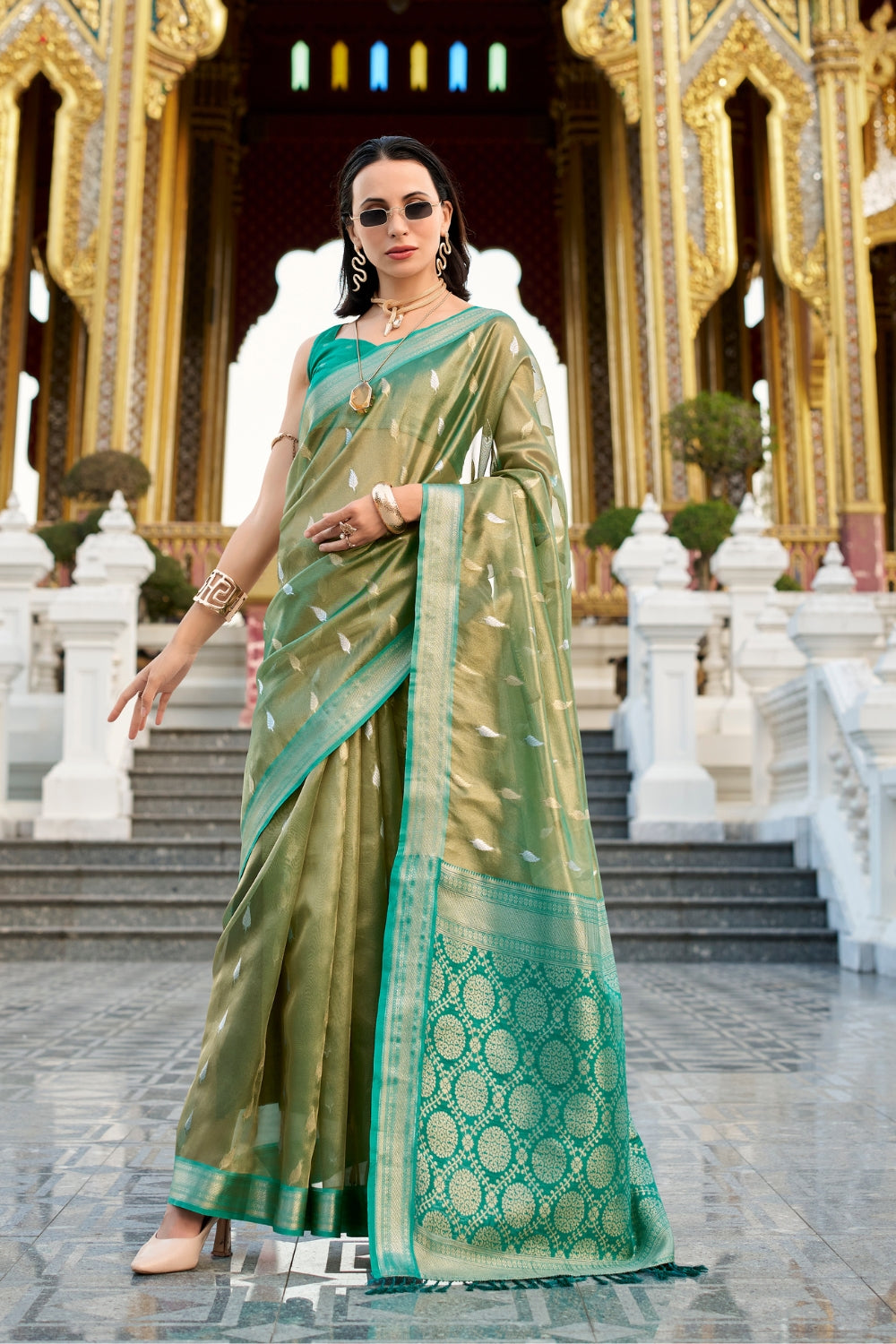 Green Tissue Silk Zari Saree