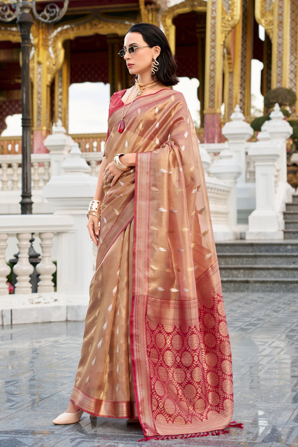 Red Tissue Silk Zari Saree