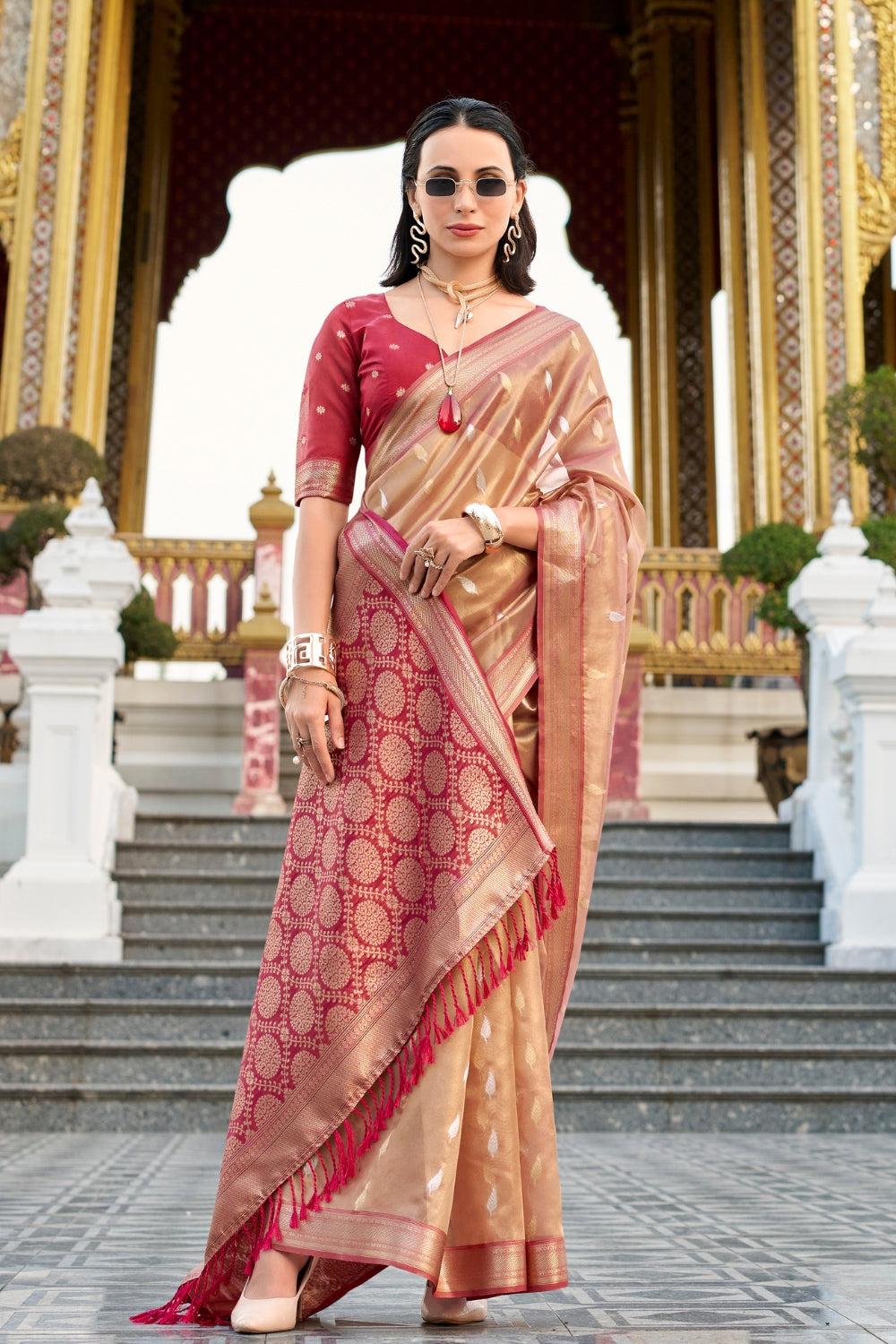 Red Tissue Silk Zari Saree