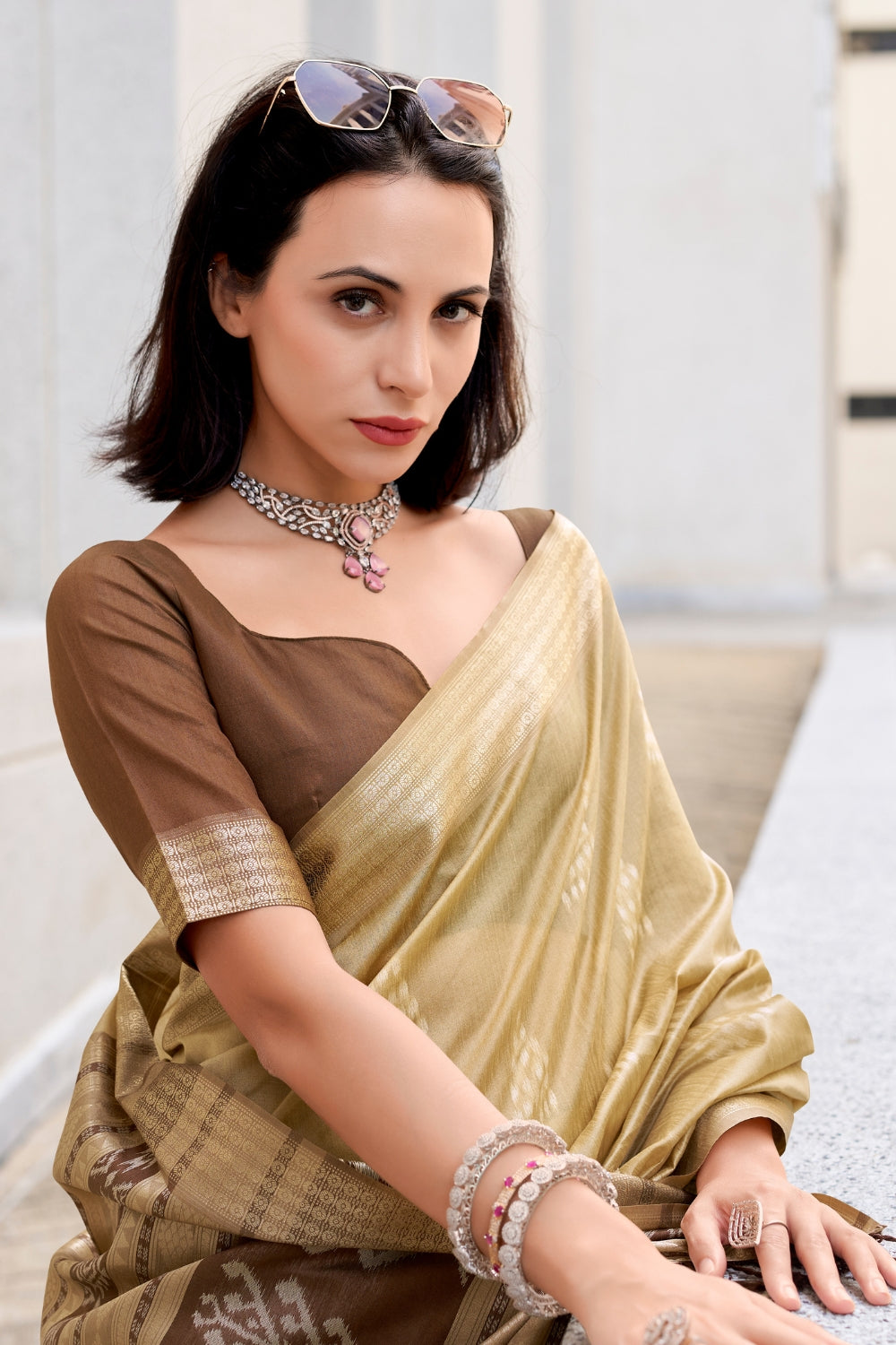 Cream White Rayon Silk With Ikkat Weaving Saree