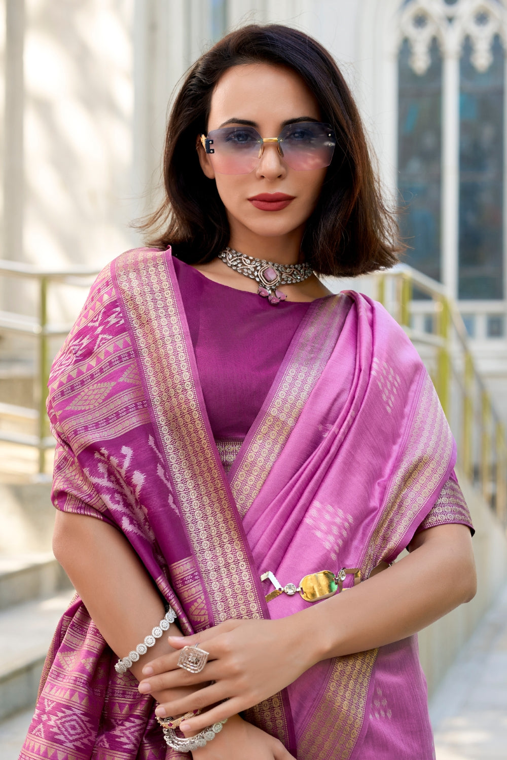 Wine Purple Rayon Silk With Ikkat Weaving Saree