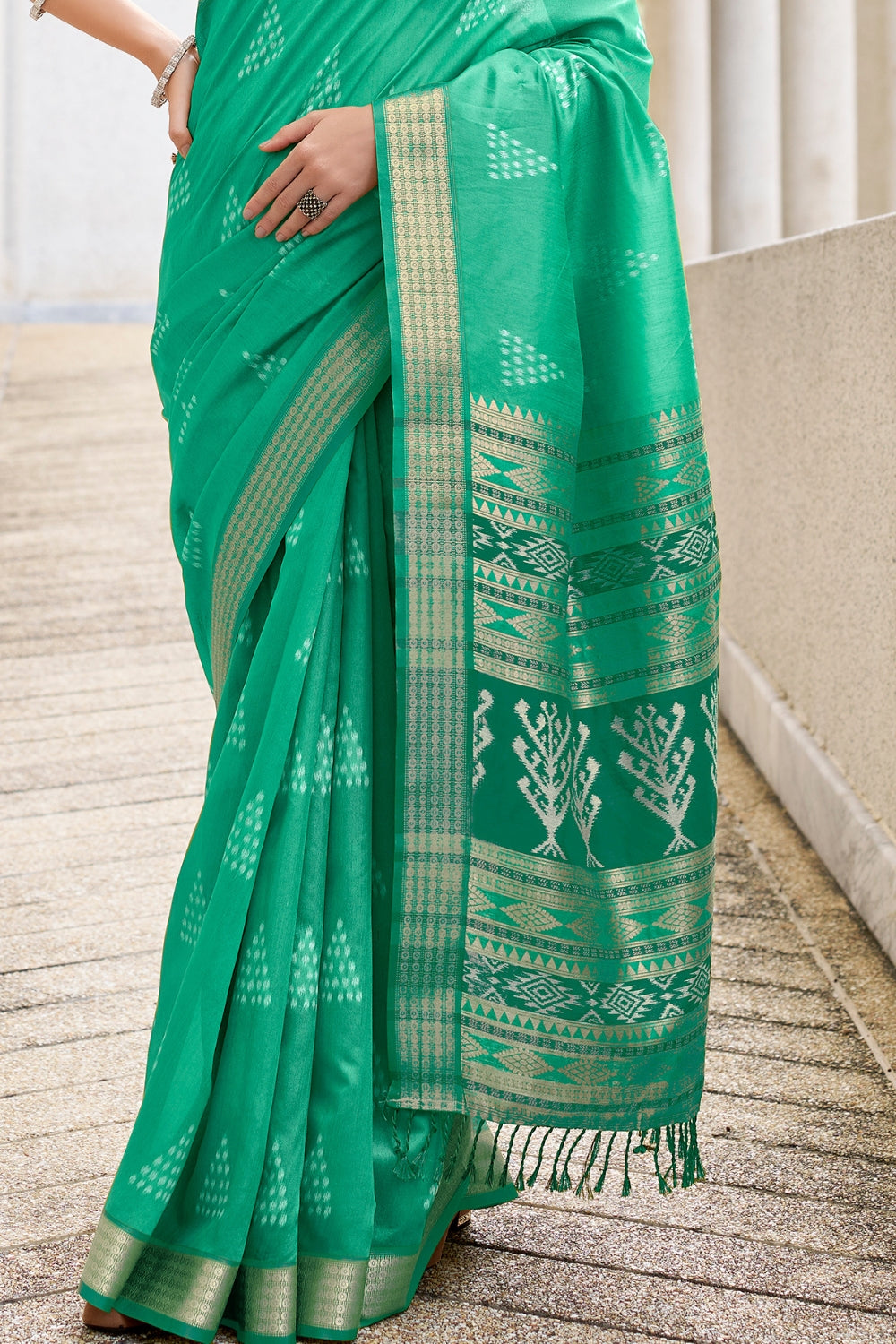 Light Green Rayon Silk With Ikkat Weaving Saree