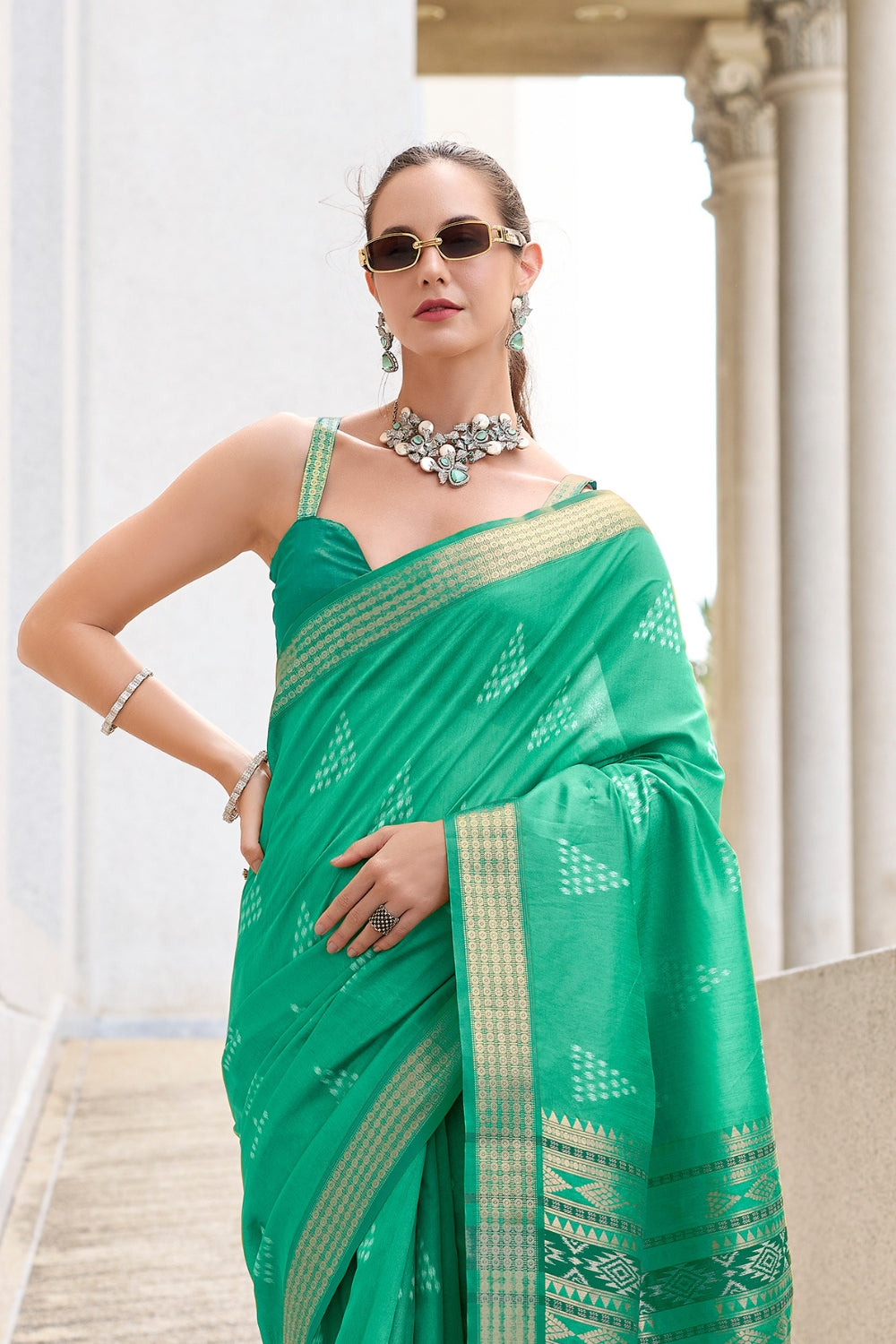 Light Green Rayon Silk With Ikkat Weaving Saree