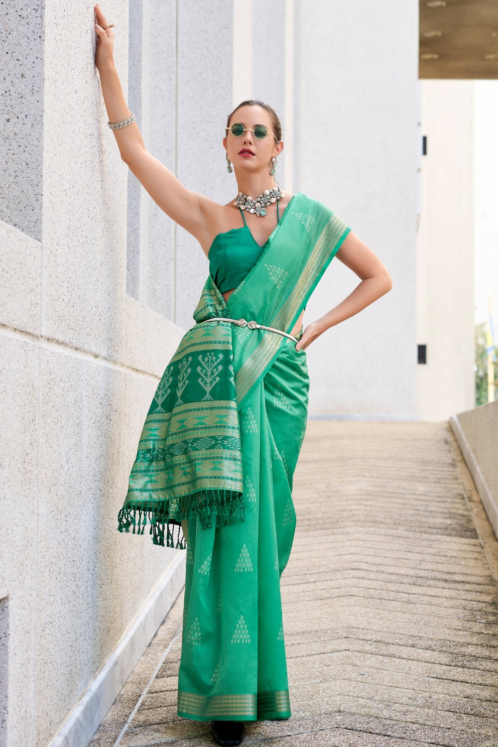 Light Green Rayon Silk With Ikkat Weaving Saree