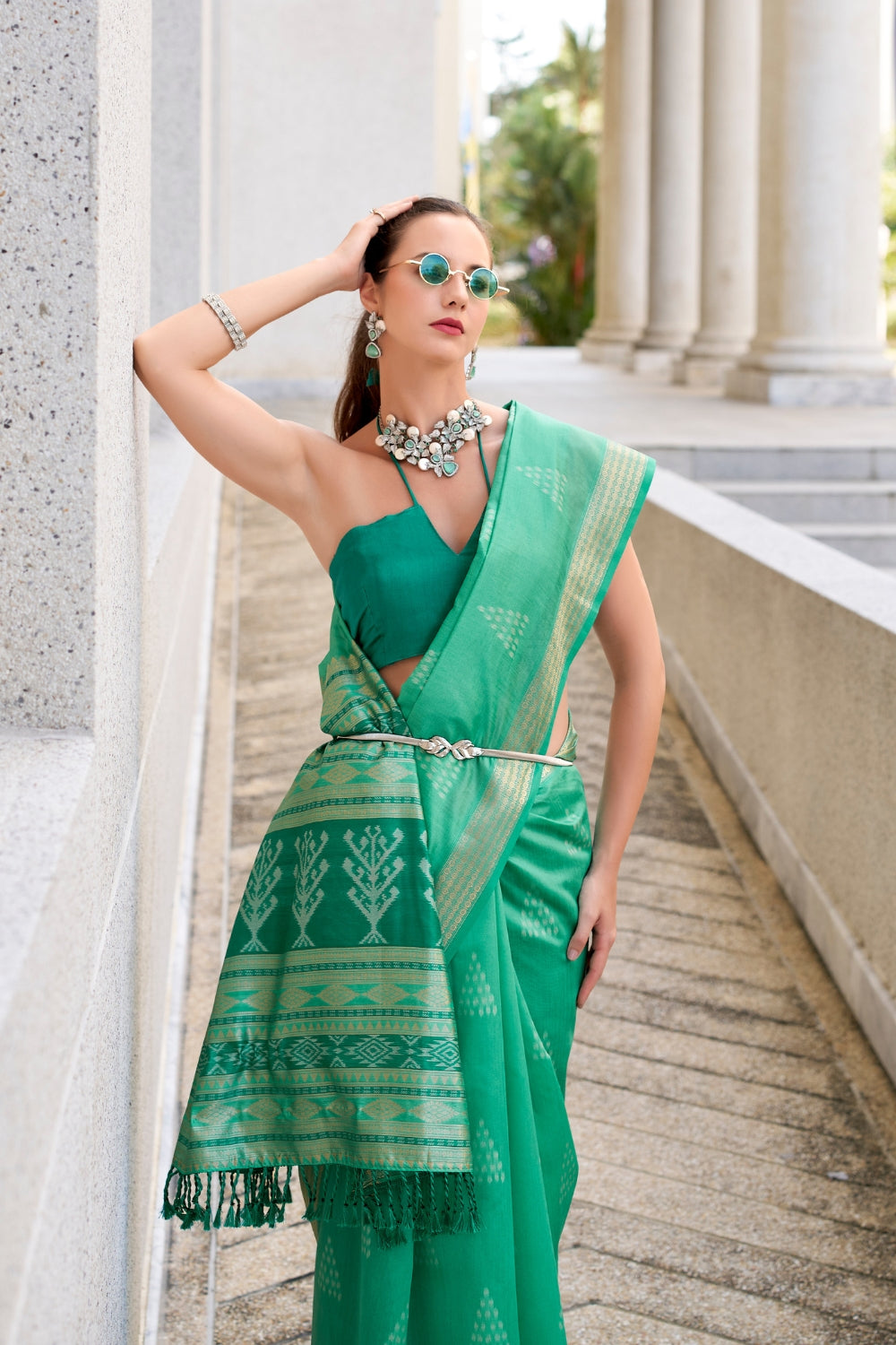 Light Green Rayon Silk With Ikkat Weaving Saree