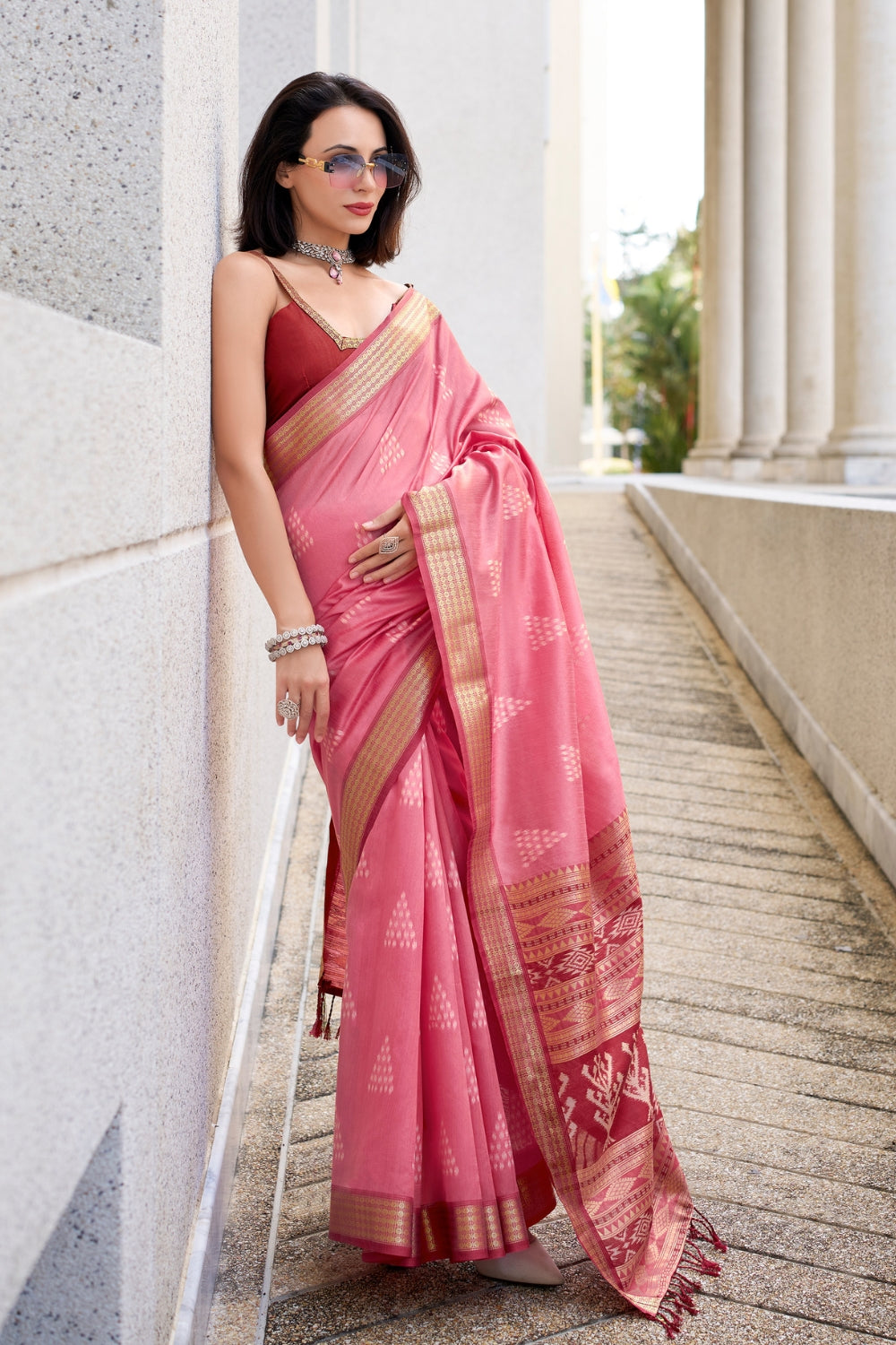 Peach Pink Rayon Silk With Ikkat Weaving Saree