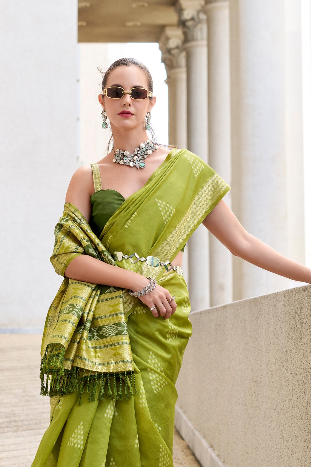 Mehendi Green Rayon Silk With Ikkat Weaving Saree