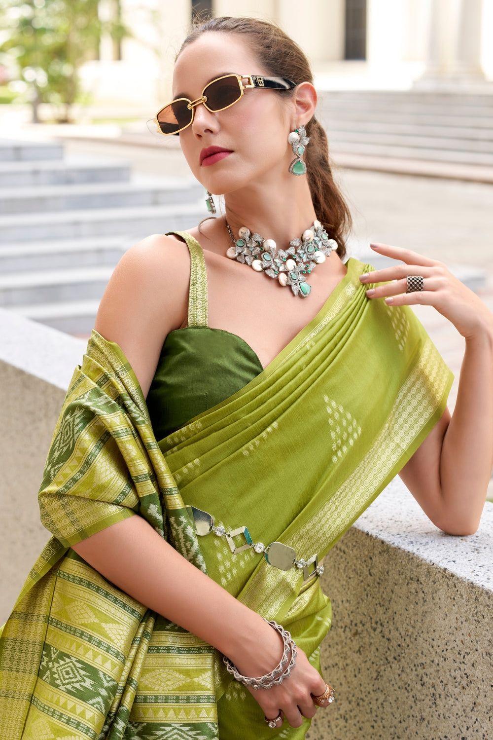 Mehendi Green Rayon Silk With Ikkat Weaving Saree