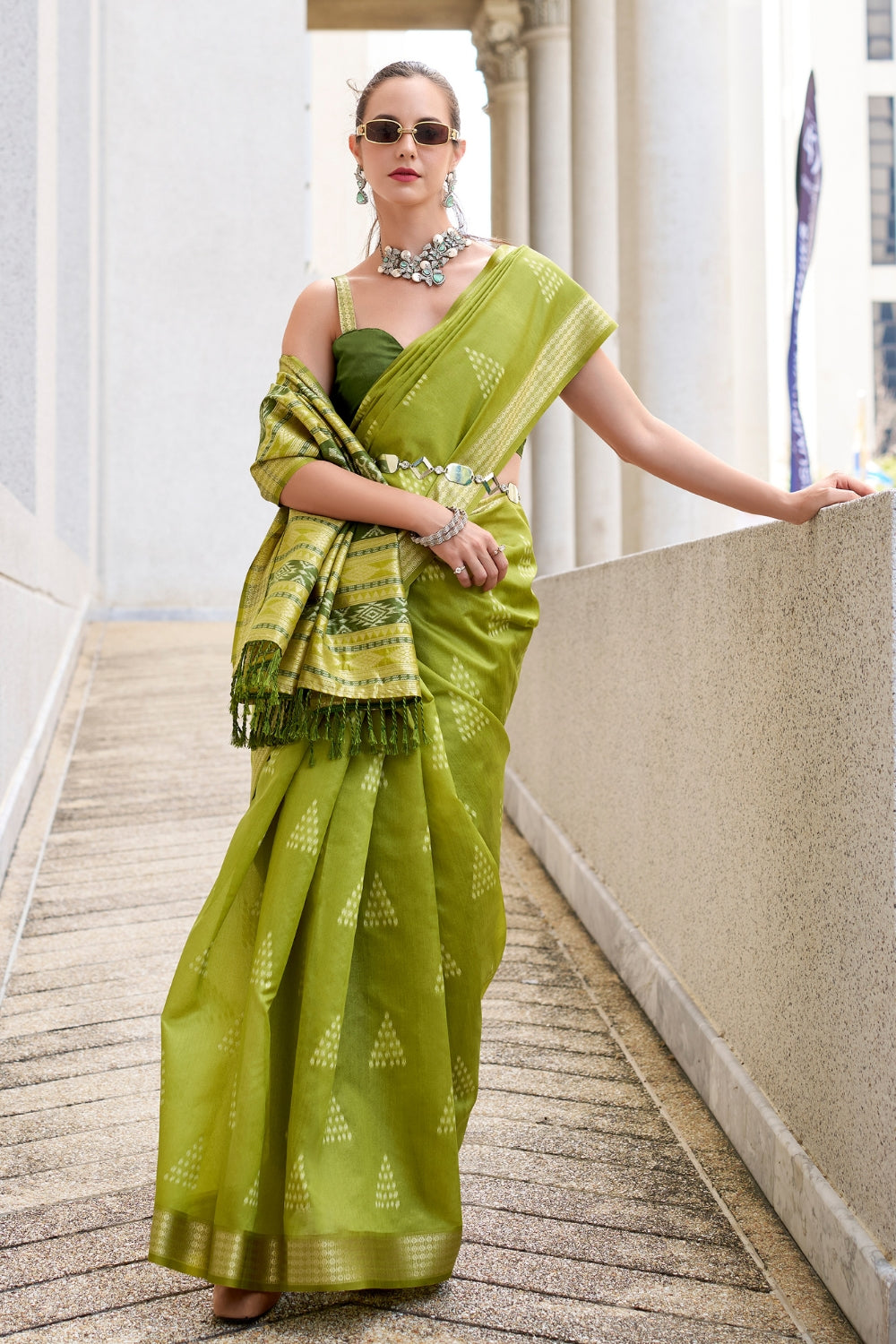 Mehendi Green Rayon Silk With Ikkat Weaving Saree