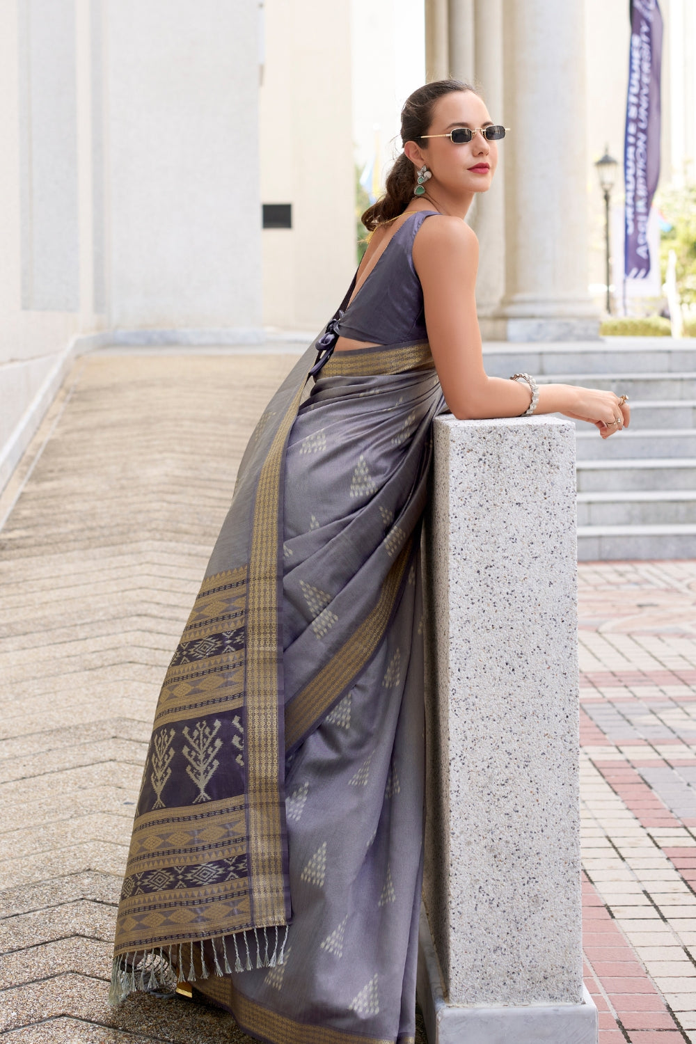 Carcoal Grey Rayon Silk With Ikkat Weaving Saree