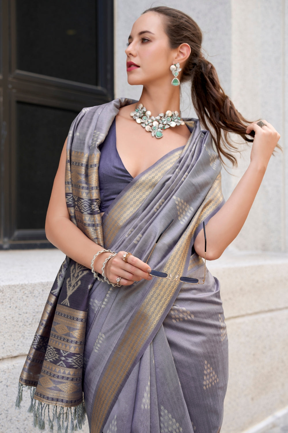 Carcoal Grey Rayon Silk With Ikkat Weaving Saree