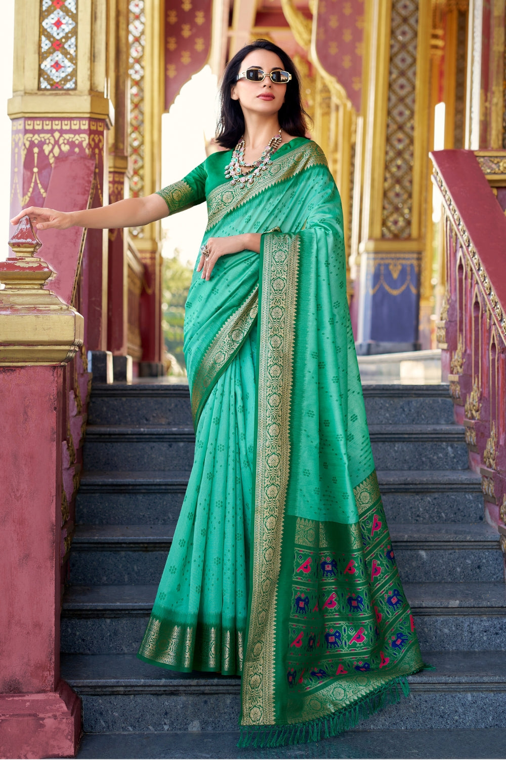 Blue Green Banarasi Saree