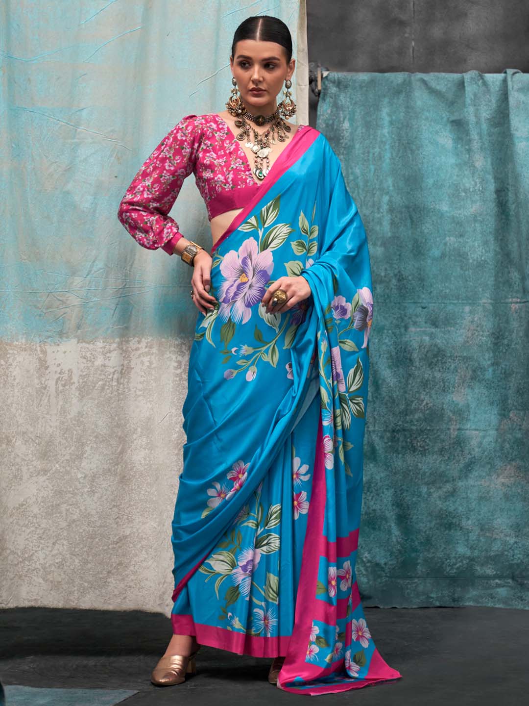 Blue Printed Party Wear Silk Saree