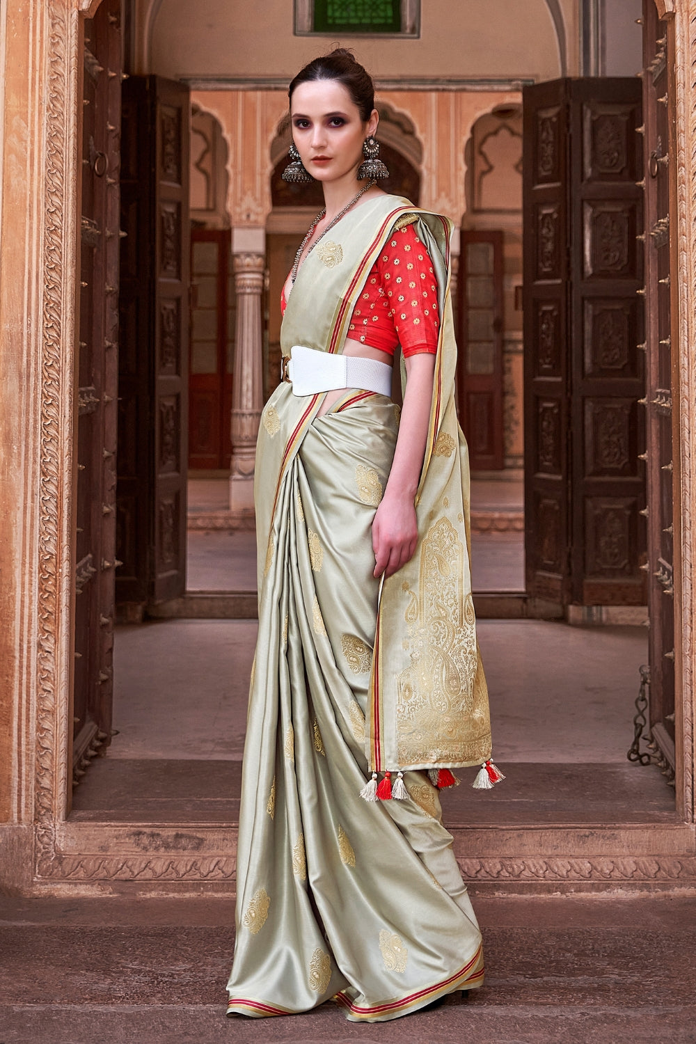 Grey Pure Sattin With Zari Weaving & Contrast Blouse Saree