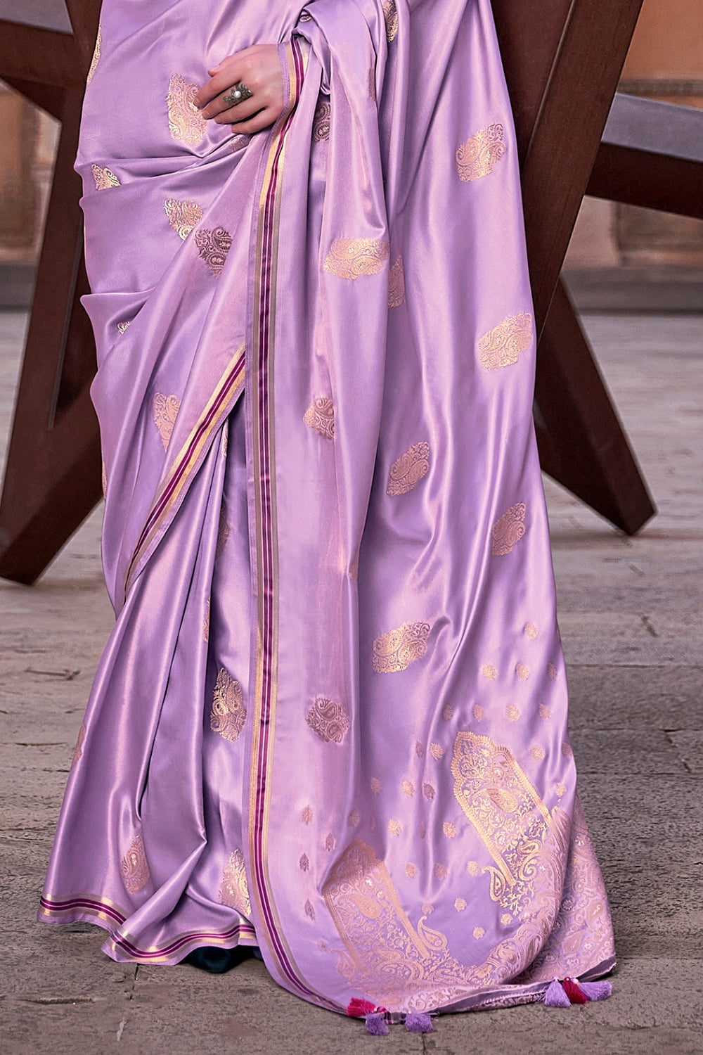 Lavender Pure Sattin With Zari Weaving & Contrast Blouse Saree