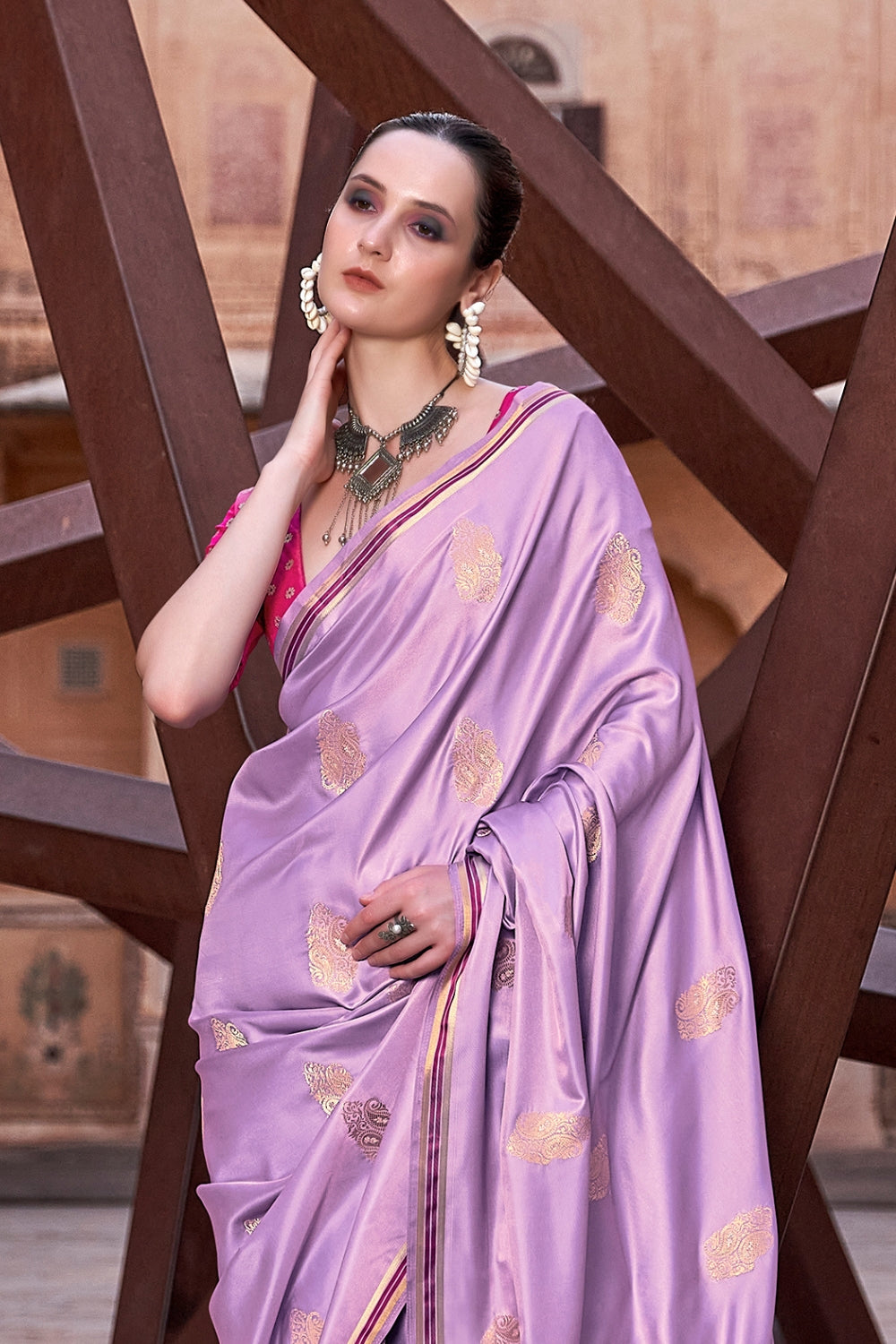 Lavender Pure Sattin With Zari Weaving & Contrast Blouse Saree