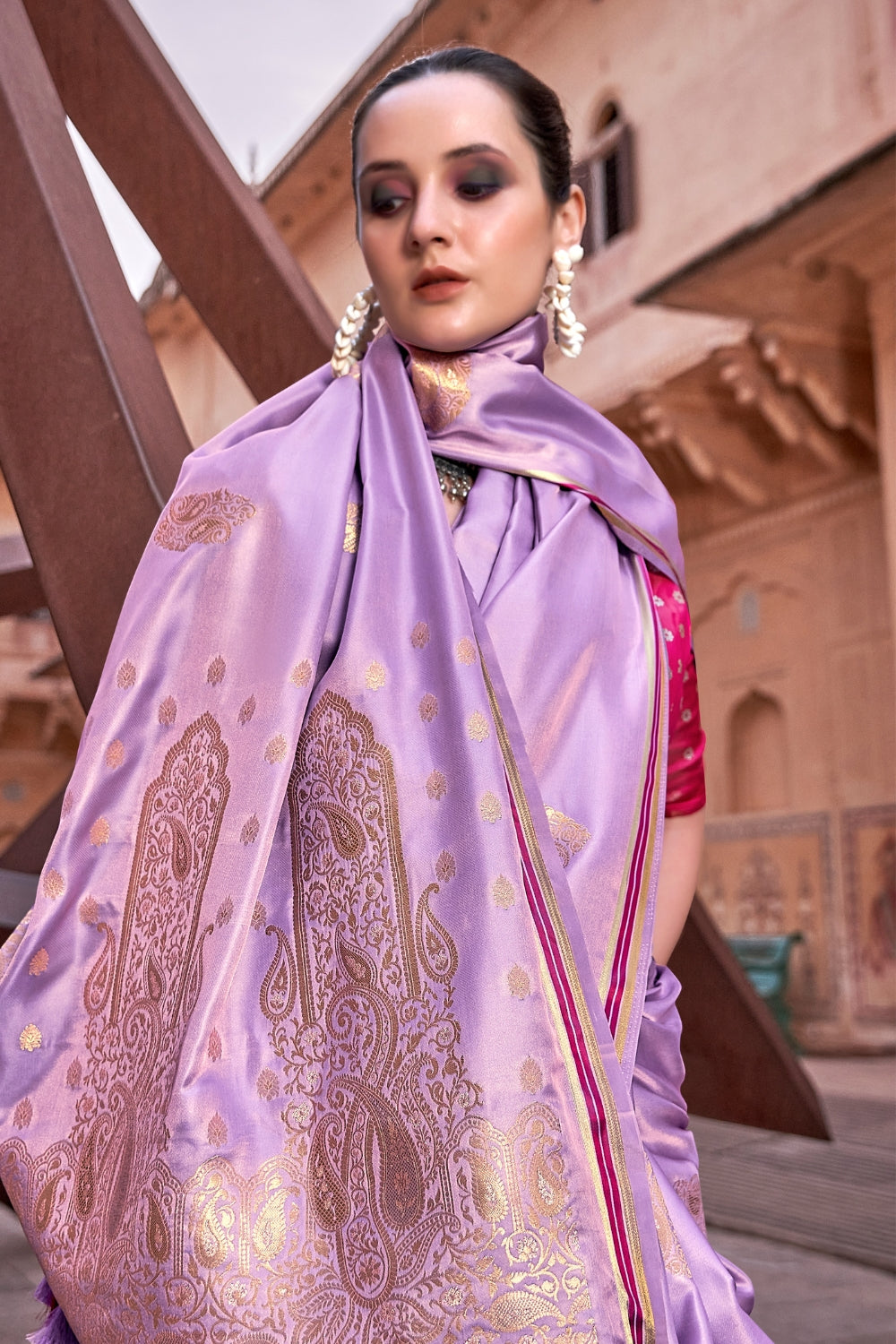 Lavender Pure Sattin With Zari Weaving & Contrast Blouse Saree