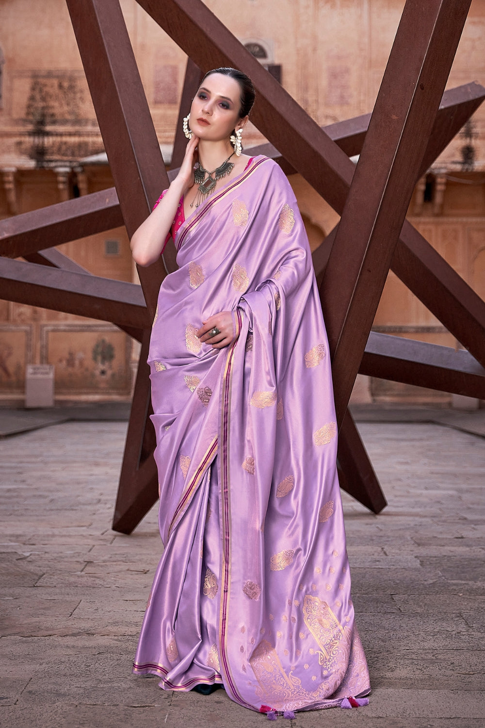 Lavender Pure Sattin With Zari Weaving & Contrast Blouse Saree