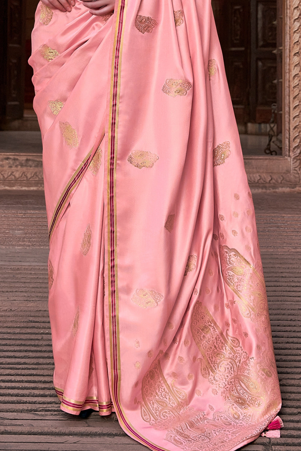 Peach Pure Sattin With Zari Weaving & Contrast Blouse Saree