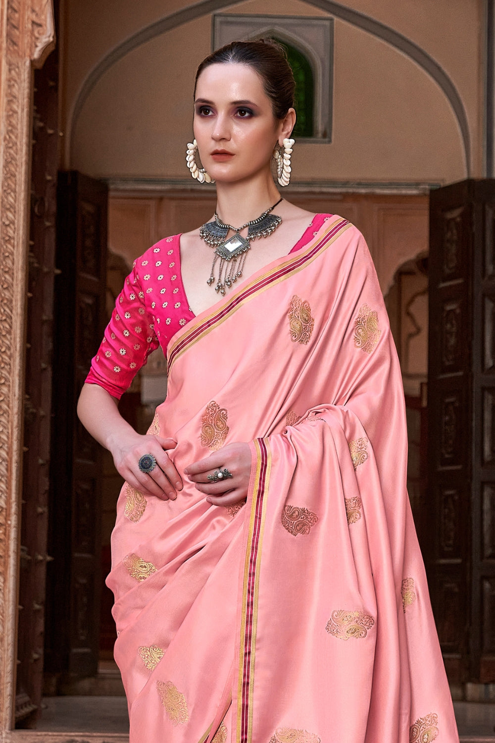 Peach Pure Sattin With Zari Weaving & Contrast Blouse Saree