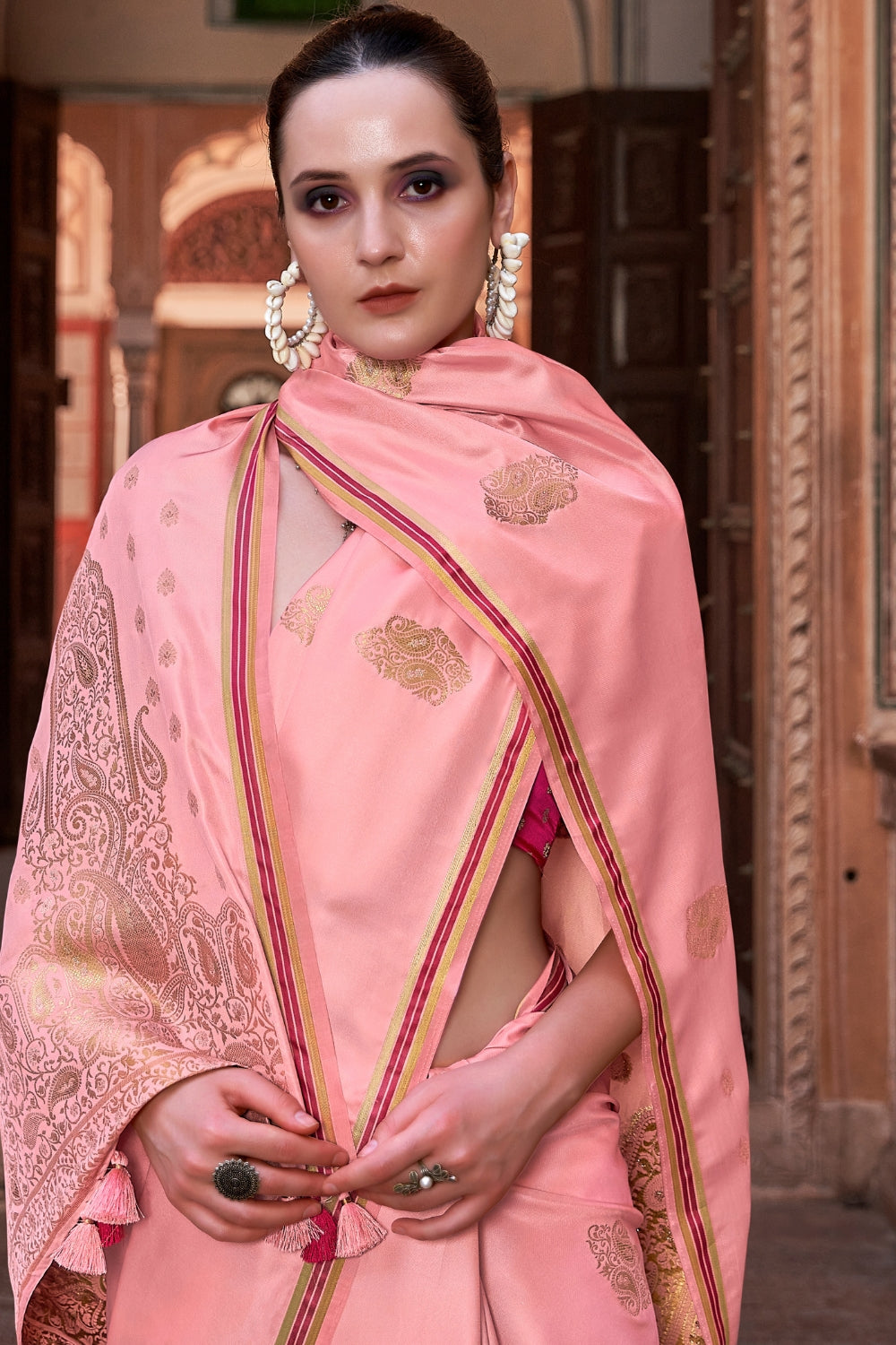 Peach Pure Sattin With Zari Weaving & Contrast Blouse Saree