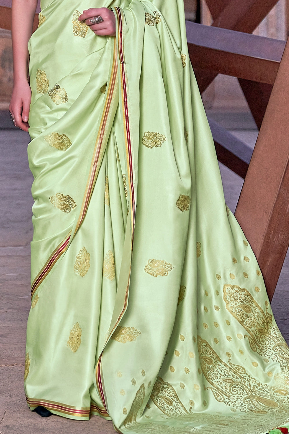 Lime Green Pure Sattin With Zari Weaving & Contrast Blouse Saree